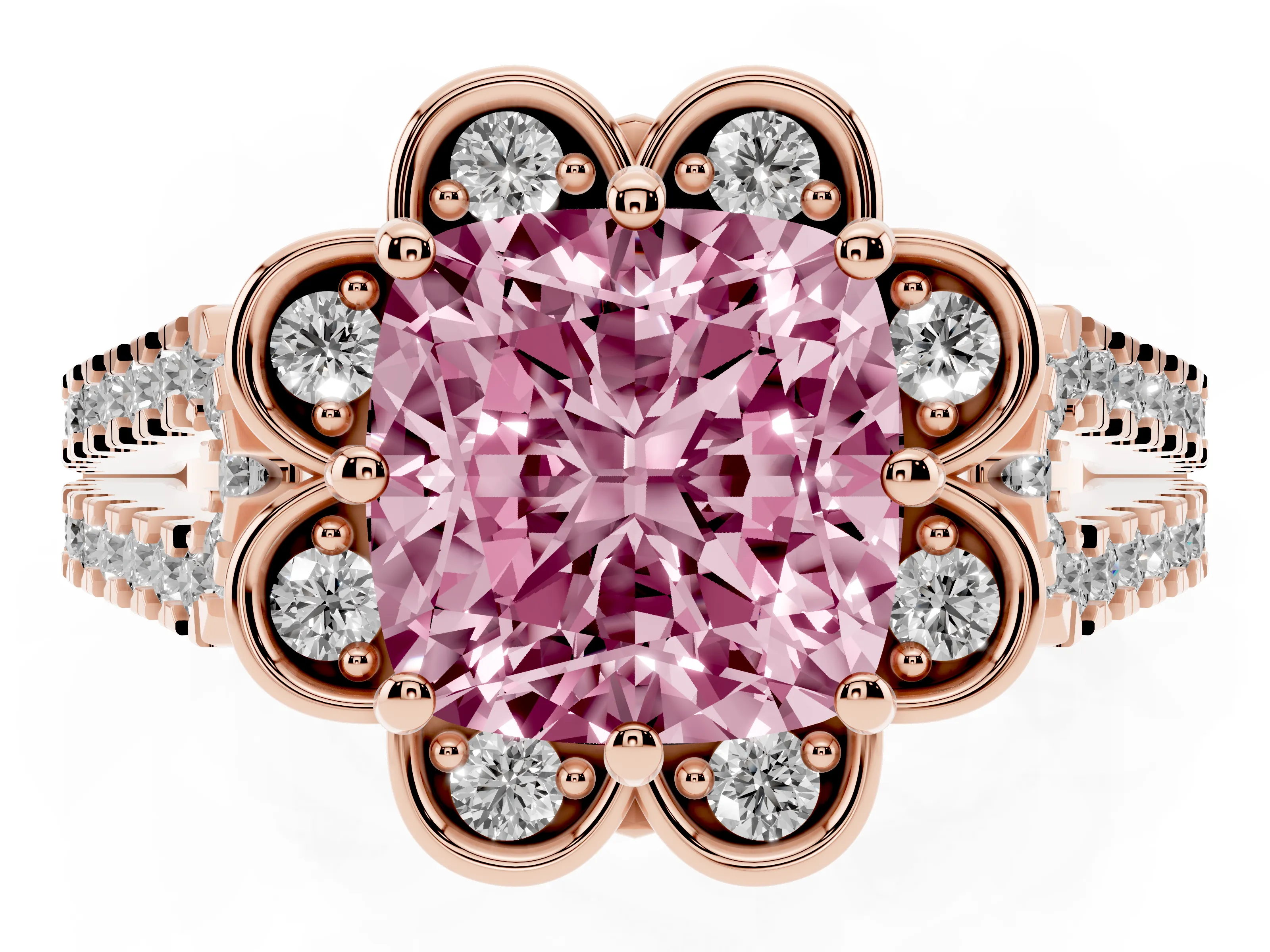 Fancy Pink Cushion Cut Diamond Floral Halo Split Shank Engagement Ring Set in Rose gold with Pavé Shank