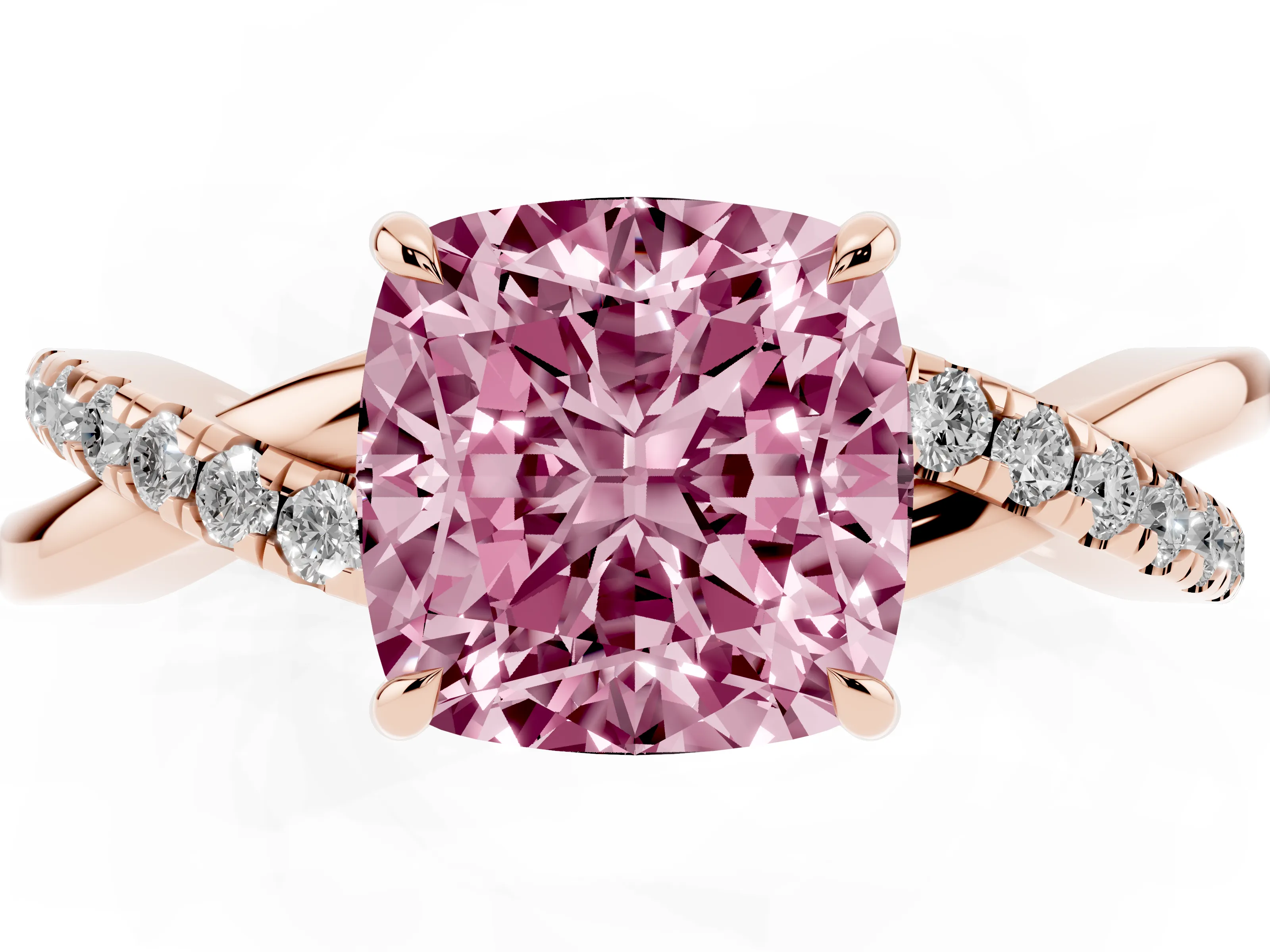 Fancy Pink Cushion Cut Diamond Twisted Pavé Band Ring Set in Rose gold with Prong Setting