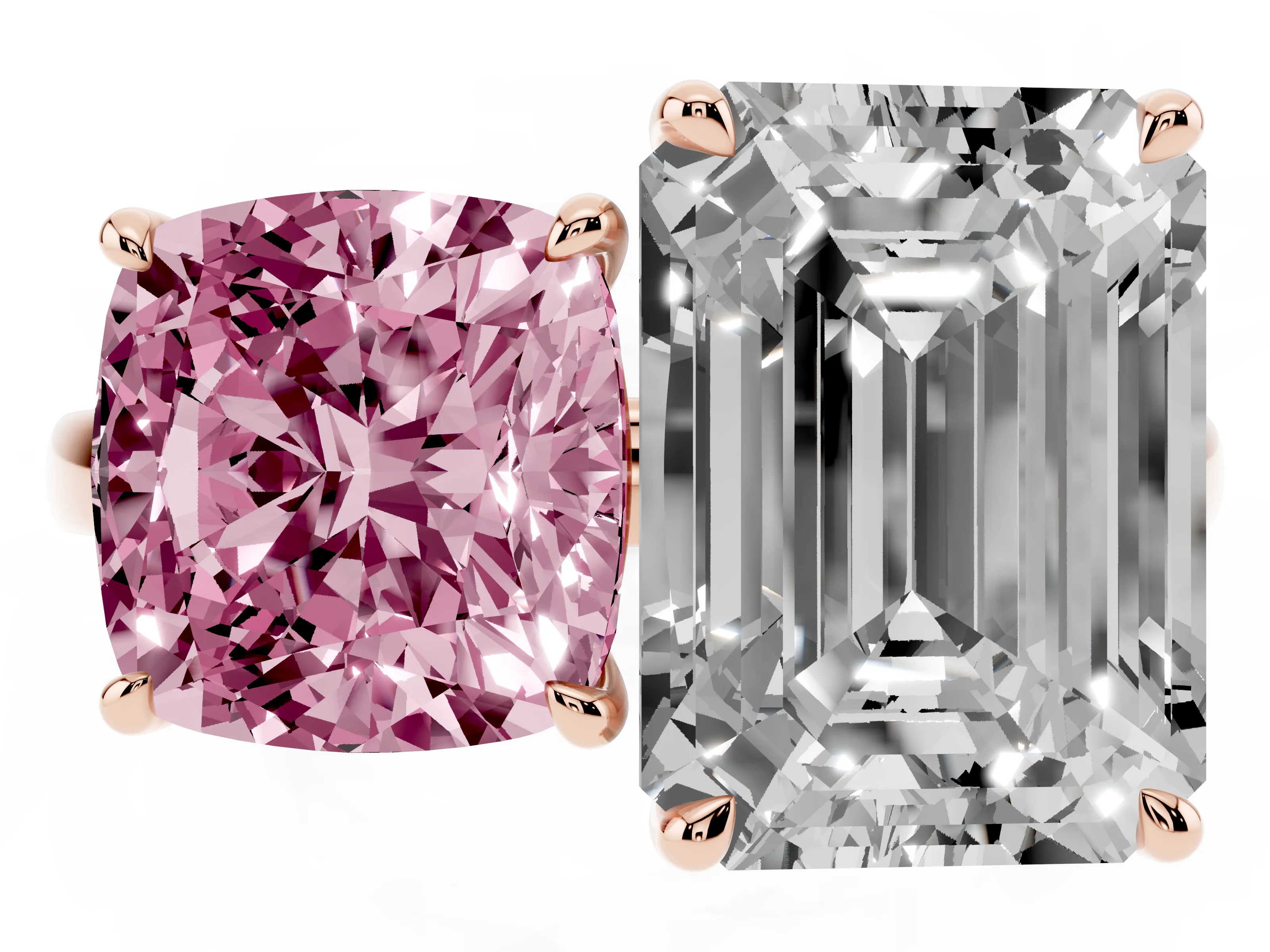 Fancy Pink Cushion Cut and Emerald Cut Toi Moi Ring Set in Rose gold with Prong Setting