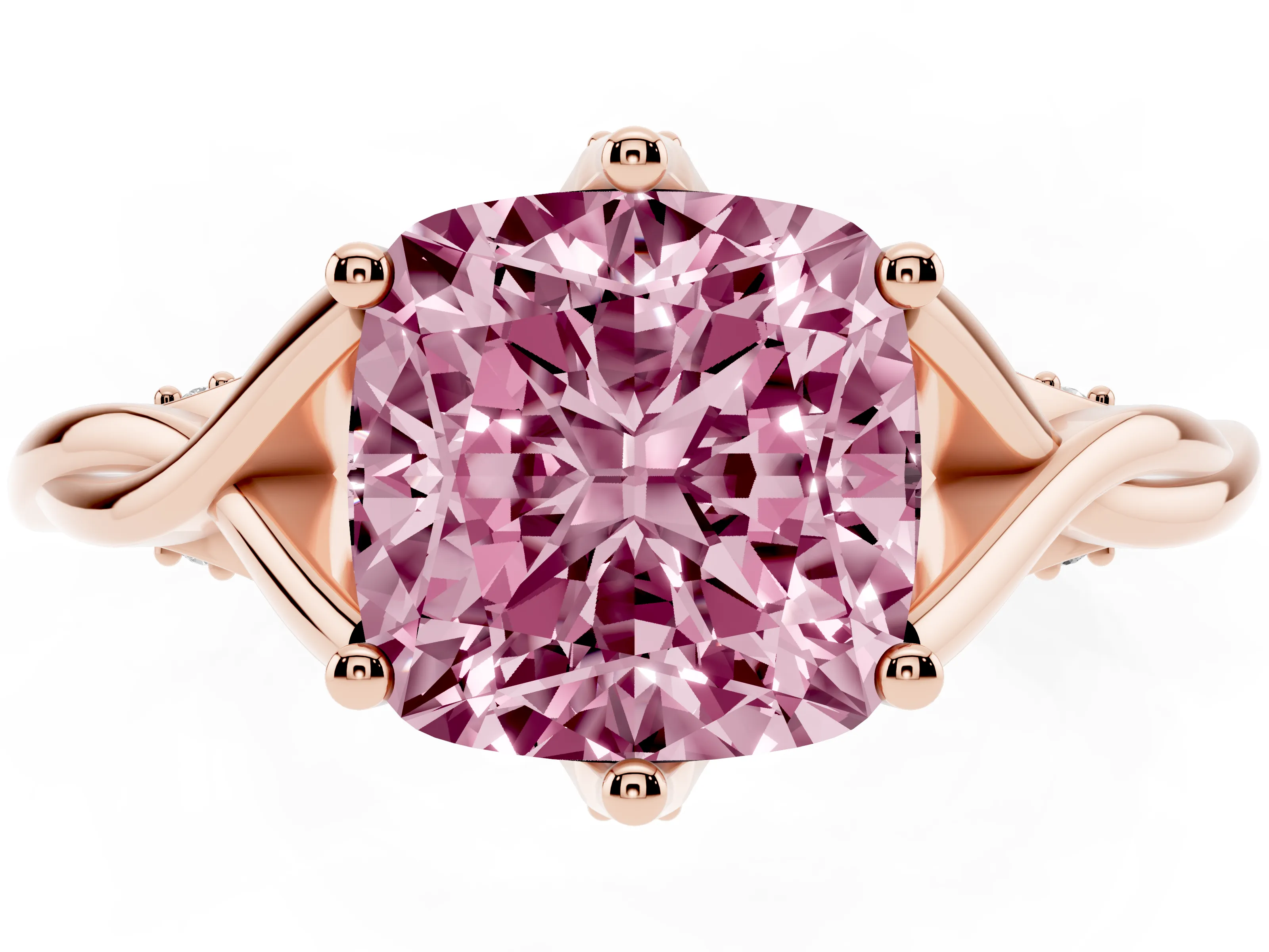 Fancy Pink Cushion Cut Diamond Intertwined Twist Band Solitaire Ring Set in Rose gold with Prong Setting