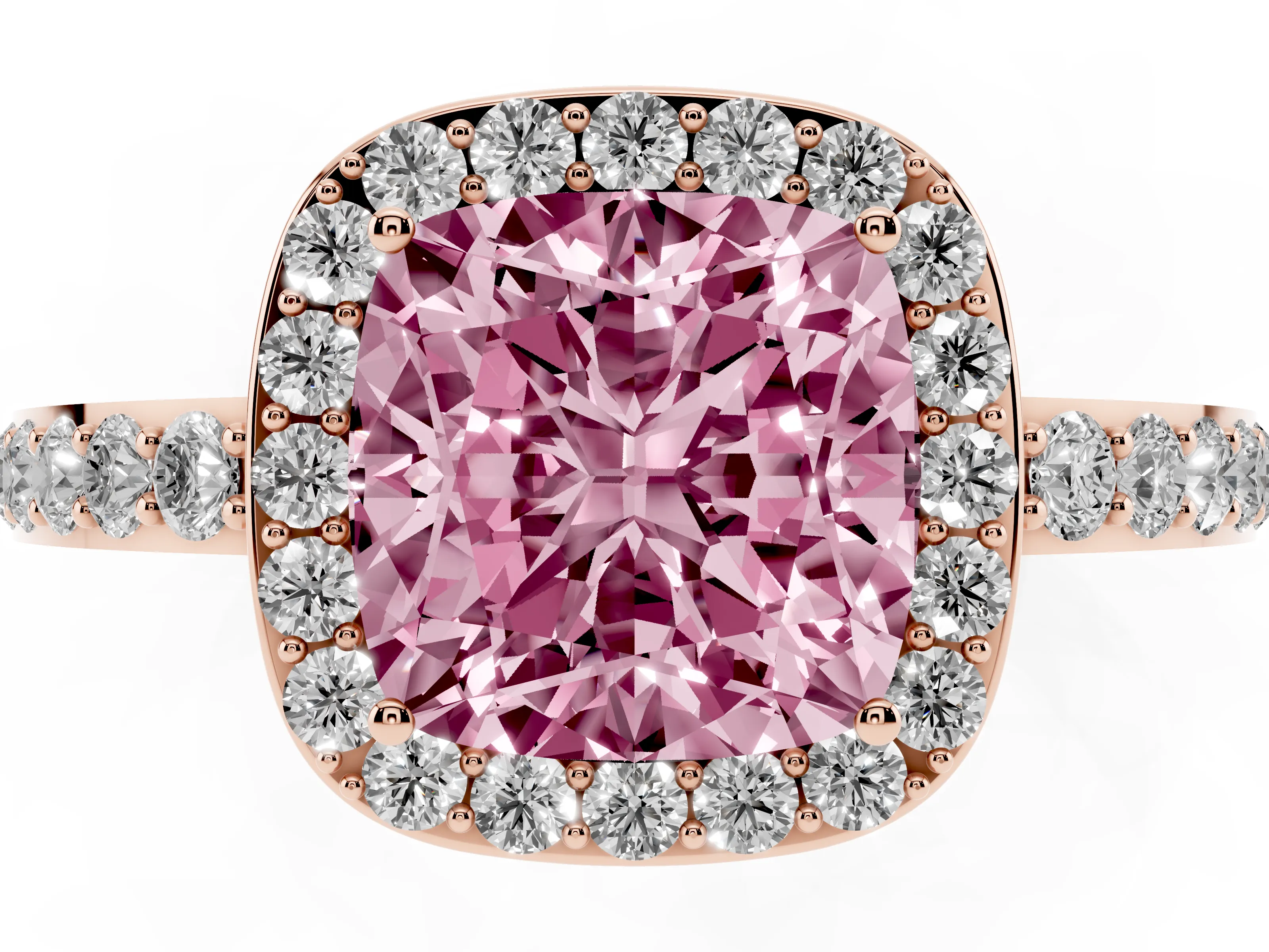 Fancy Pink Cushion Cut Diamond Halo Ring Set in Rose gold with Pavé-Setting Band and Open Prong Center