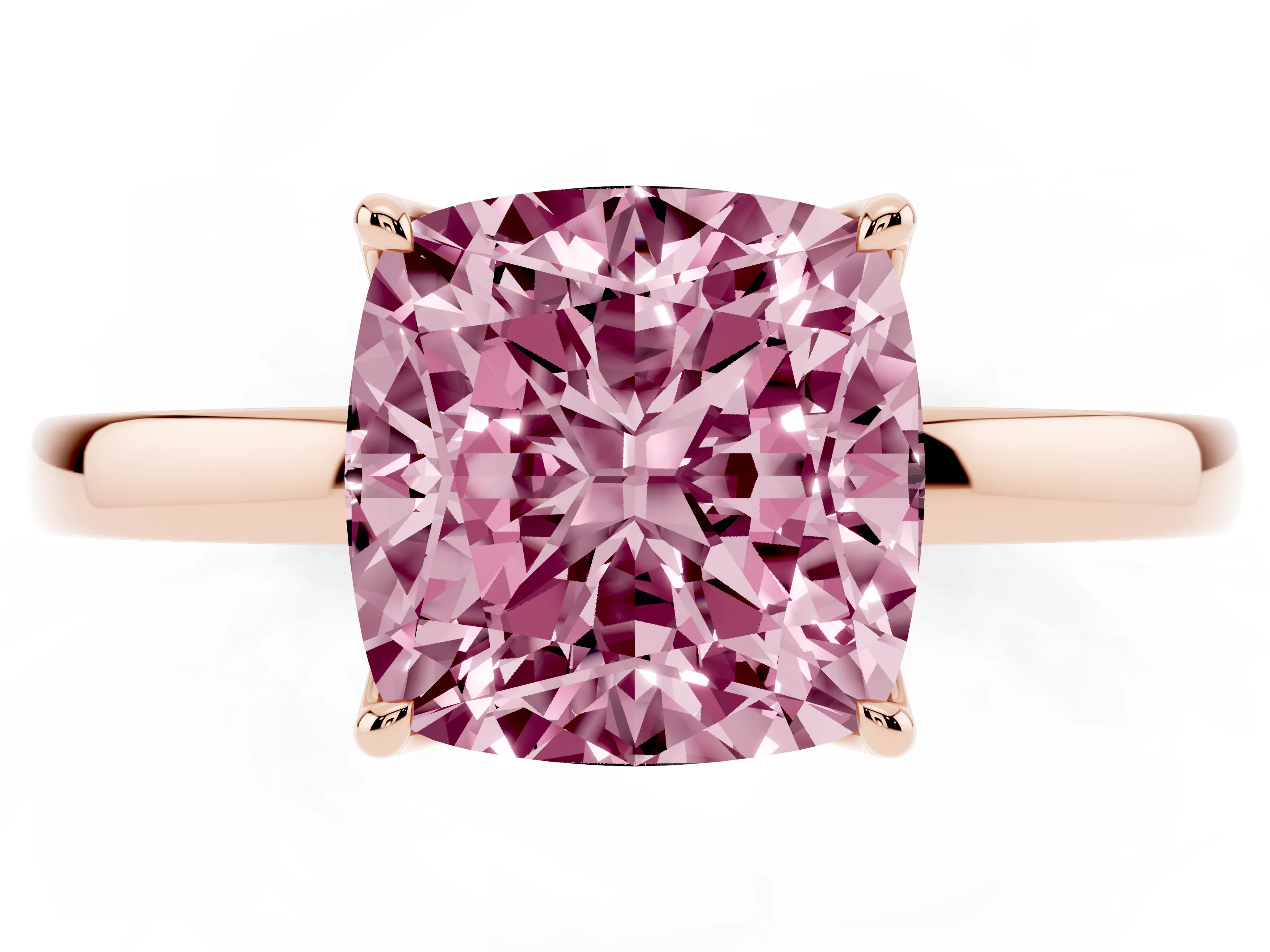 Fancy Pink Cushion Cut Diamond Solitaire Ring Set in Rose gold with Prong Setting and Thin Polished Band
