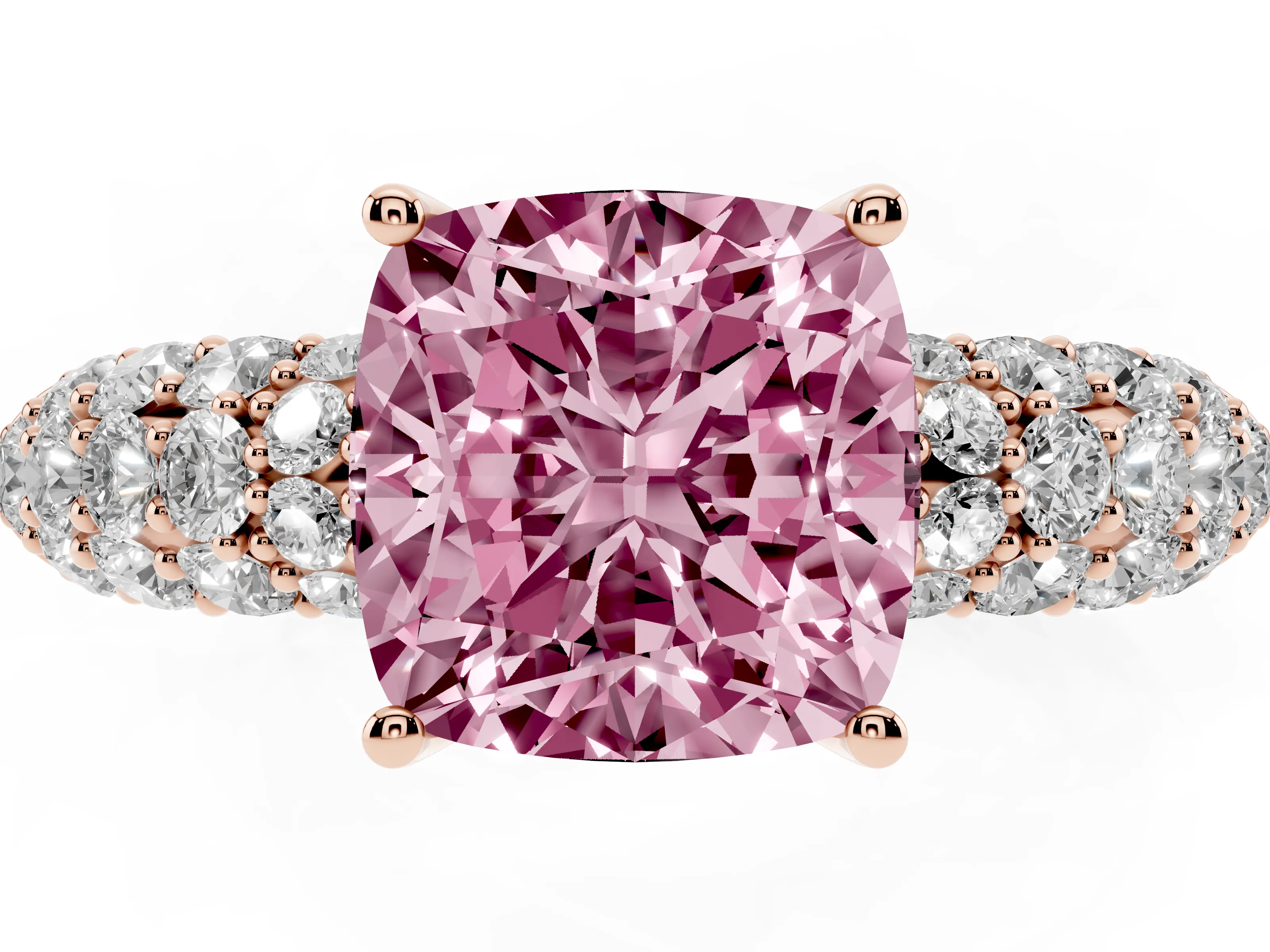 Fancy Pink Cushion Cut Diamond Pavé Band Solitaire Ring Set in Rose gold with Close-Set Accent Stones and Prong Setting
