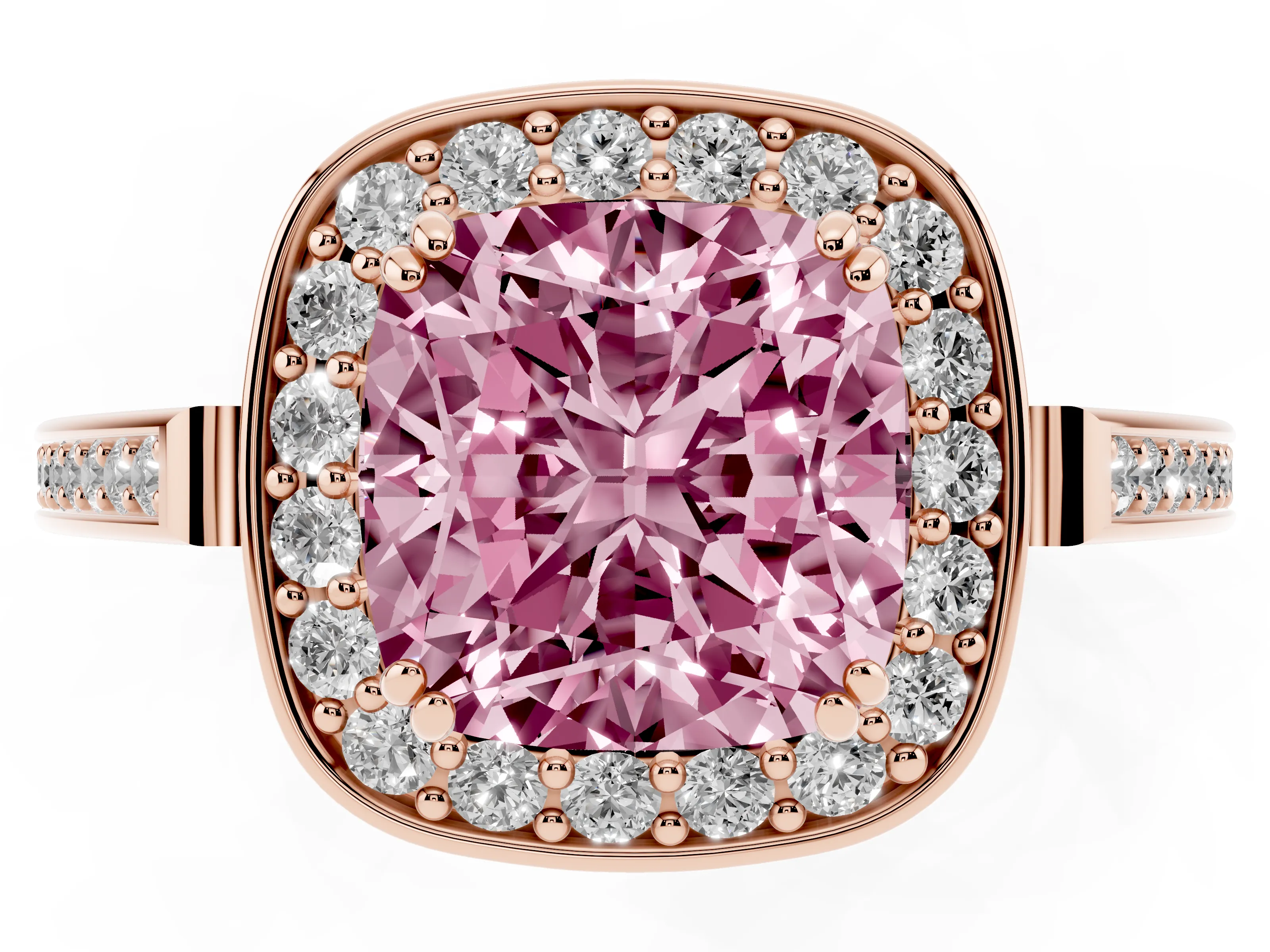 Fancy Pink Cushion Cut Diamond Halo Ring Set in Rose gold with Accent-Lined Split Shank and Prong Setting