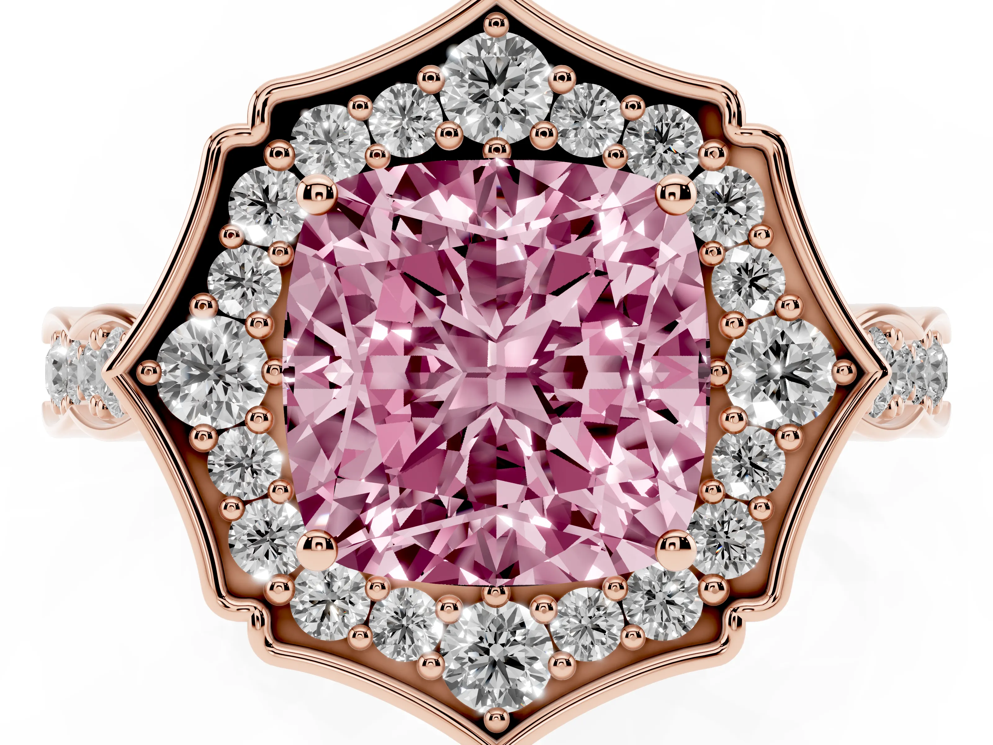 Fancy Pink Cushion Cut Diamond Halo Engagement Ring Set in Rose gold with Milgrain Band and Prong Setting