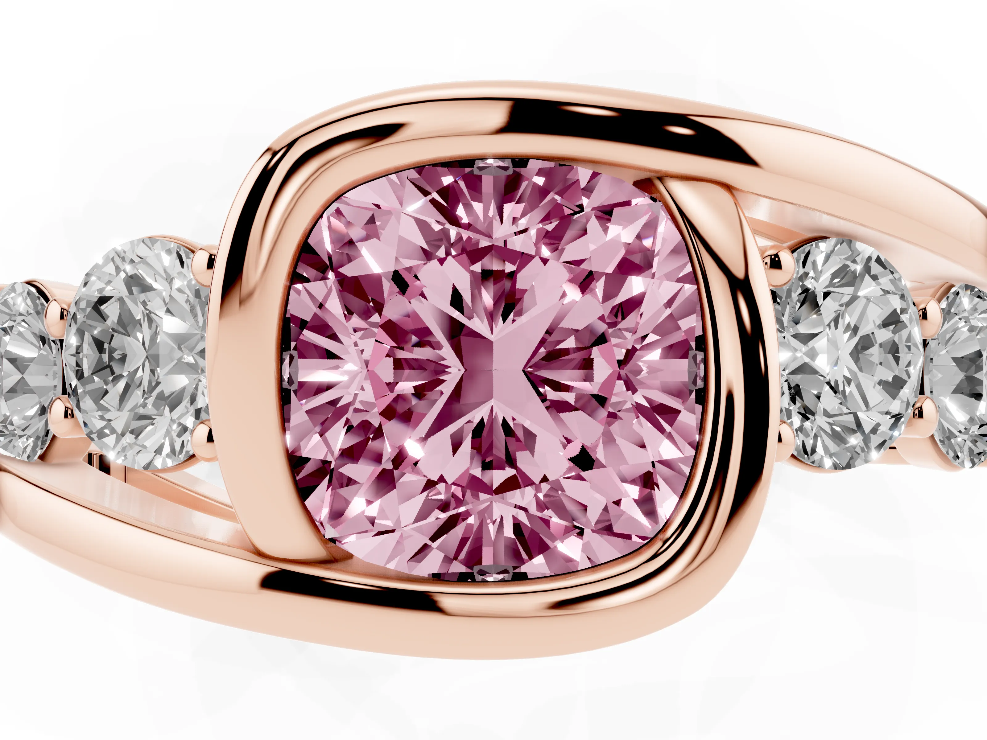 Fancy Pink Cushion Cut Diamond Bezel Bypass Ring Set in Rose gold with Round Accents