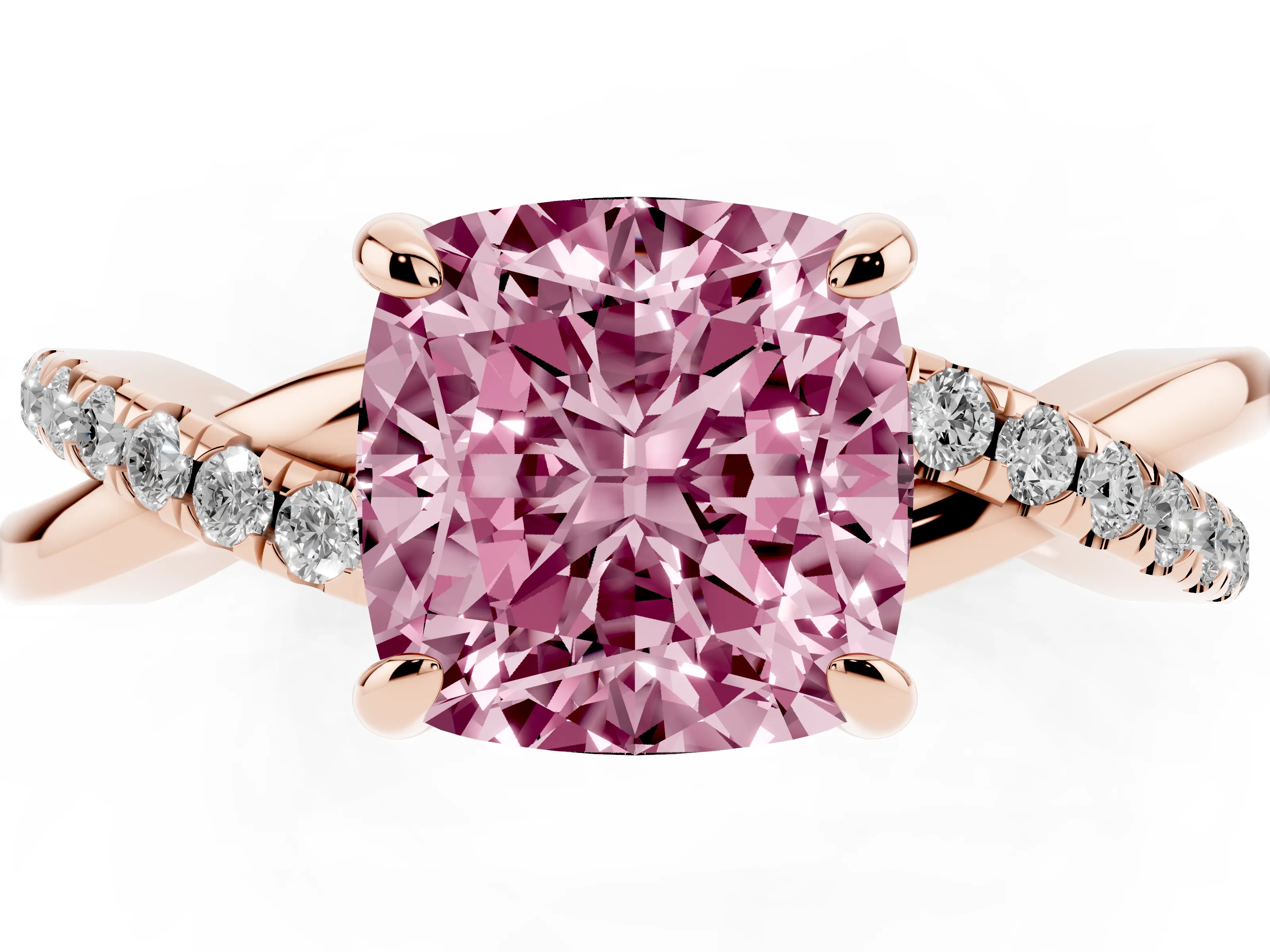 Fancy Pink Cushion Cut Diamond Twist Band Pavé Solitaire Ring Set in Rose gold with Prong Setting