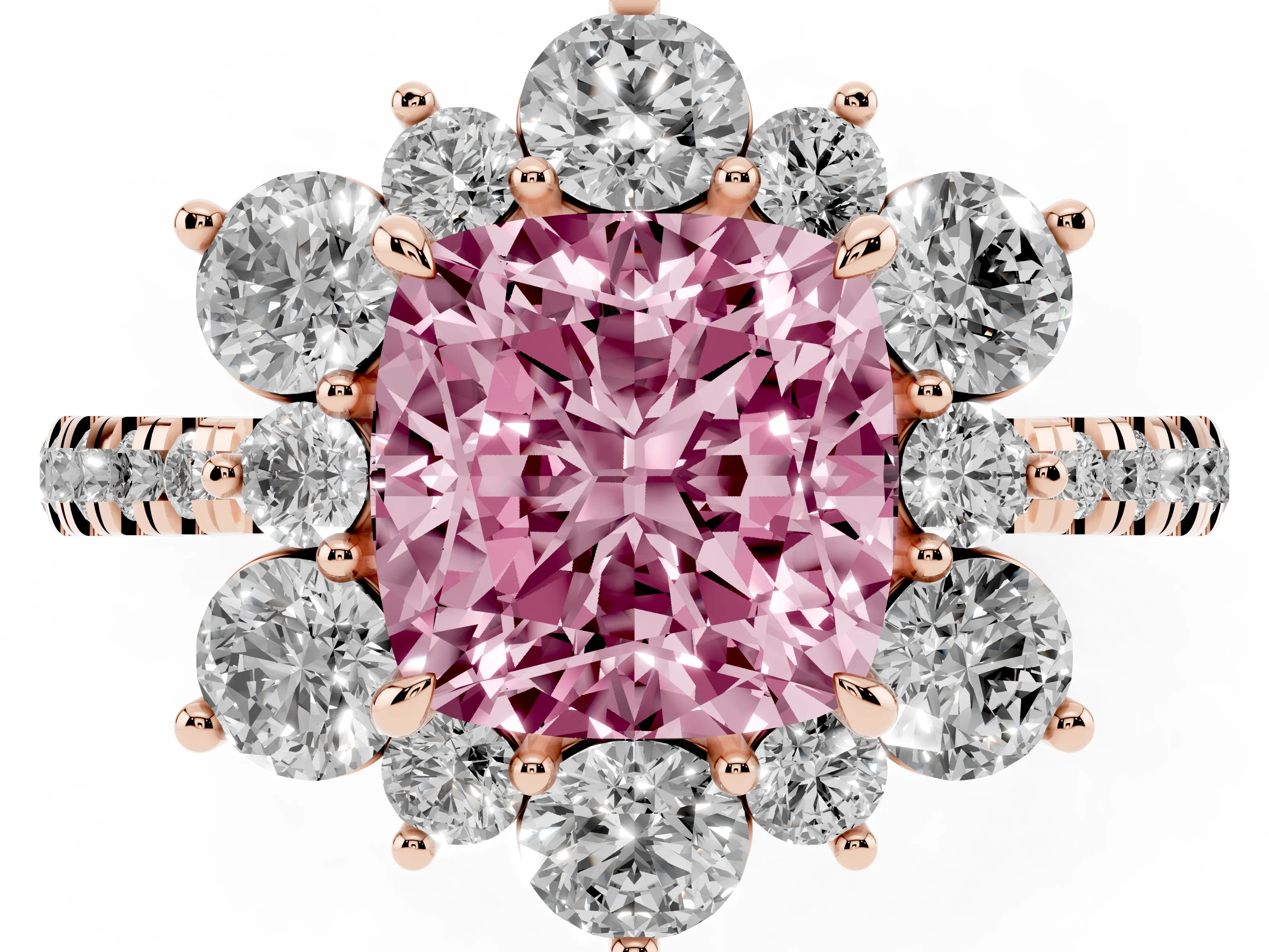 Fancy Pink Cushion Cut Diamond Floral Halo Ring Set in Rose gold with Round Pavé Band and Prong Setting