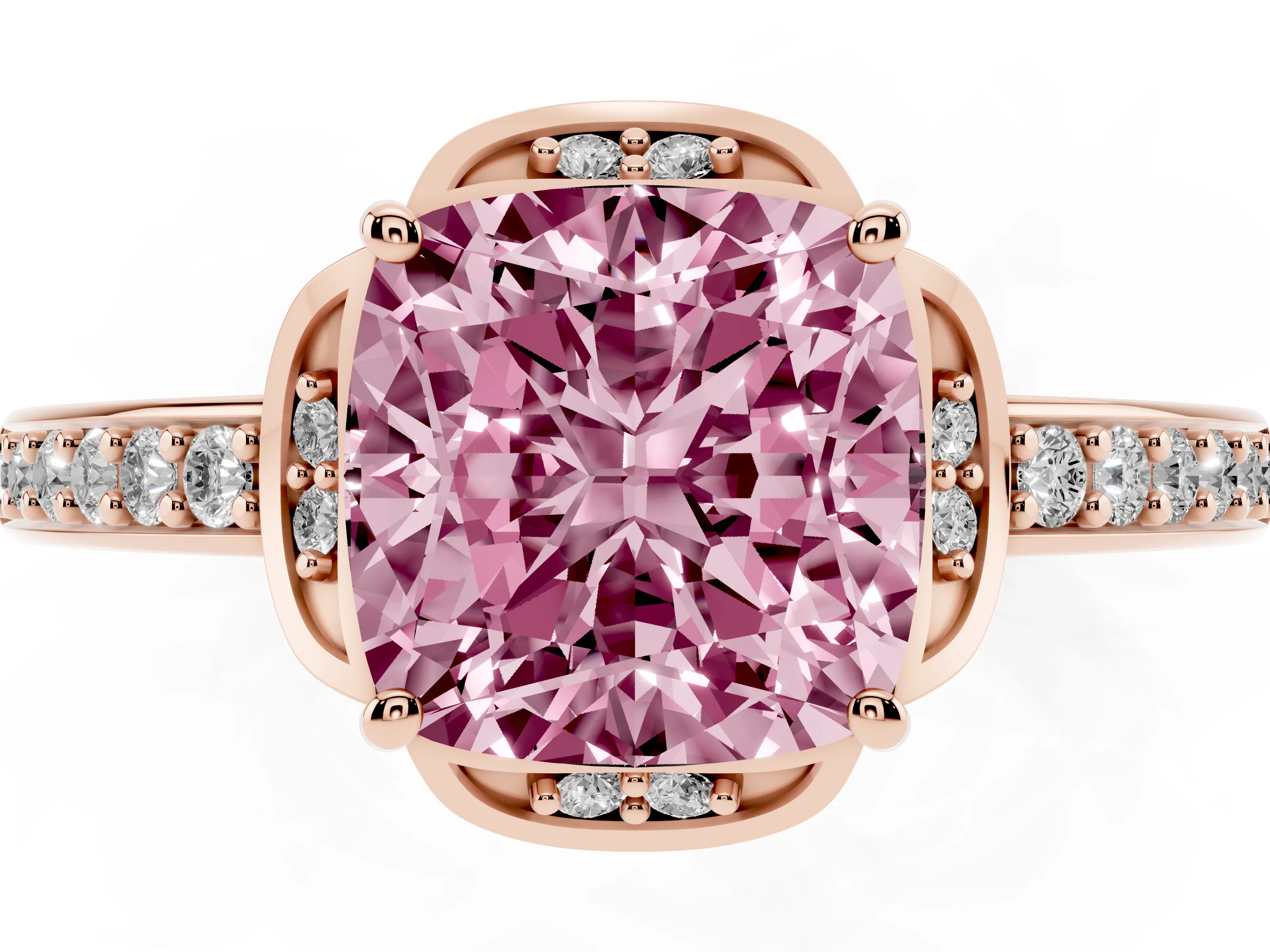 Fancy Pink Cushion Cut Diamond Halo Ring Set in Rose gold with Channel Set Band and Prong Setting