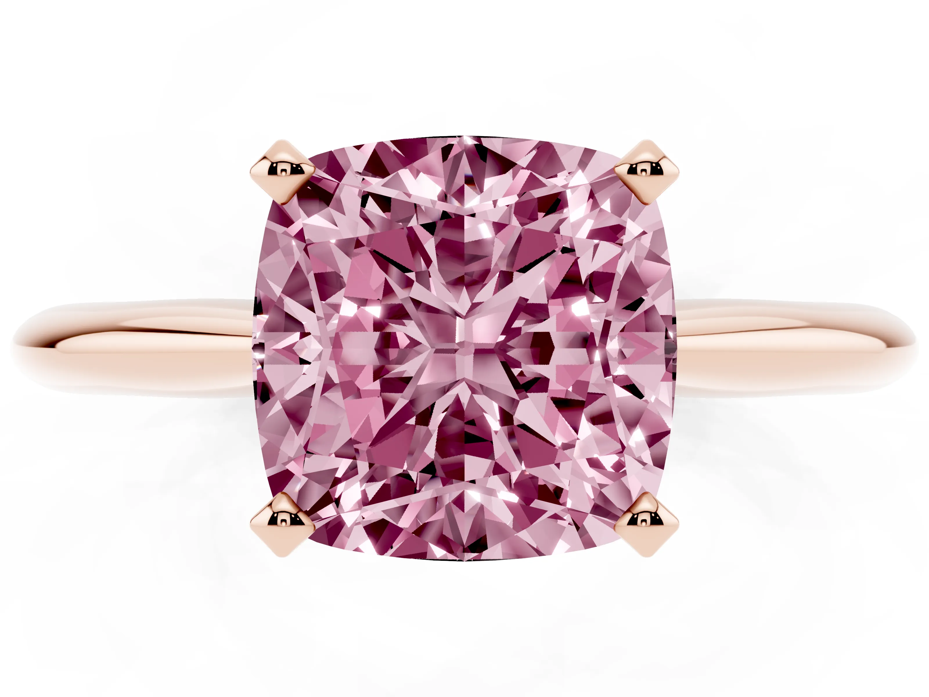 Fancy Pink Cushion Cut Diamond Solitaire Ring Set in Rose gold with Prong Setting on a Plain Round Band