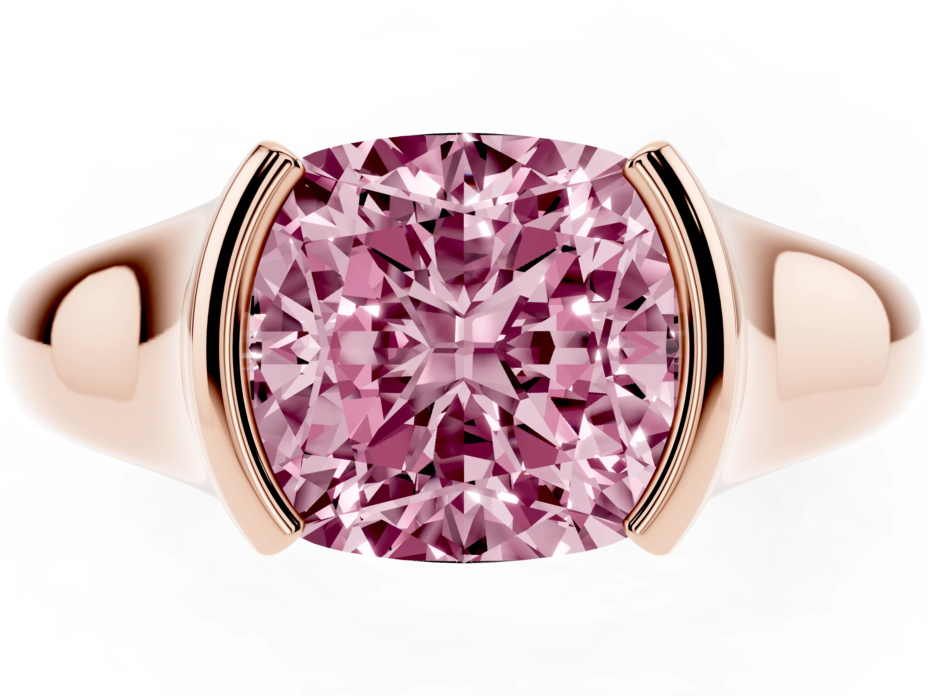 Fancy Pink Cushion Cut Diamond Solitaire Tension Set Ring Set in Rose gold with Split Shank Band