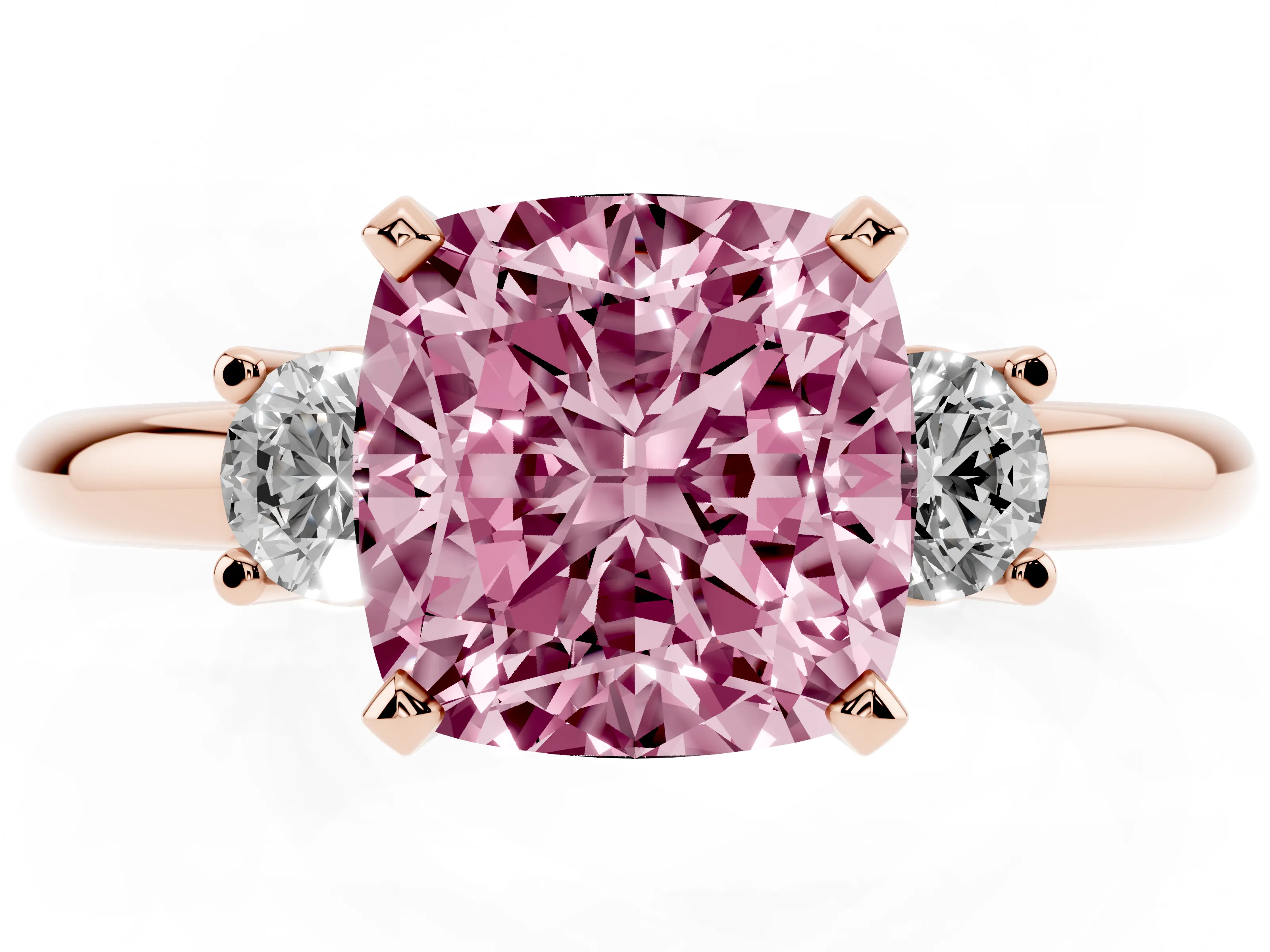 Fancy Pink Three-Stone Cushion Cut Diamond Ring Set in Rose gold with Prong Setting and Plain Band