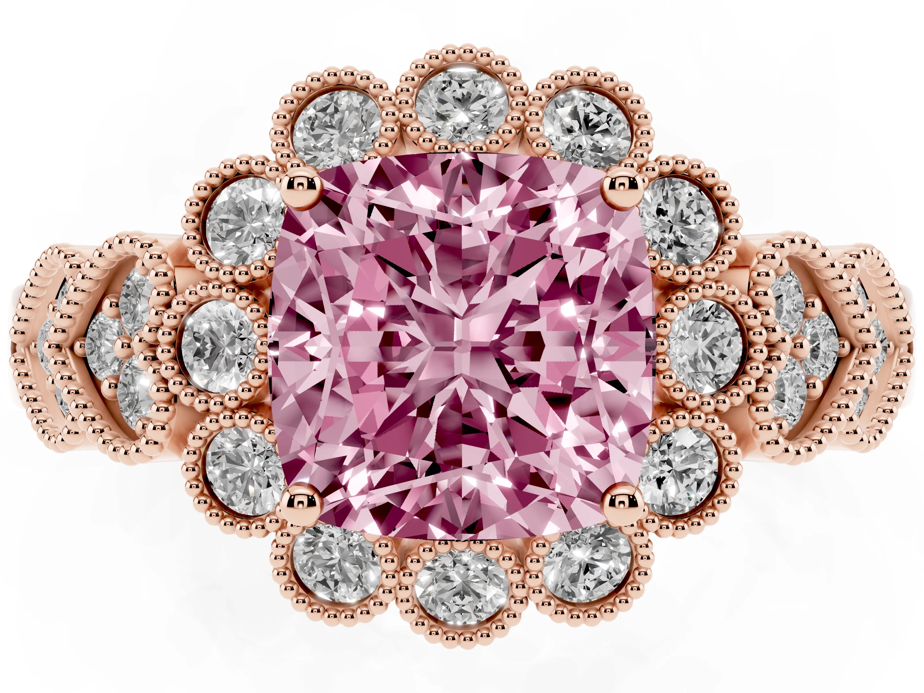 Fancy Pink Cushion Cut Diamond Solitaire Ring Set in Rose gold with Milgrain Pavé Heart Band
