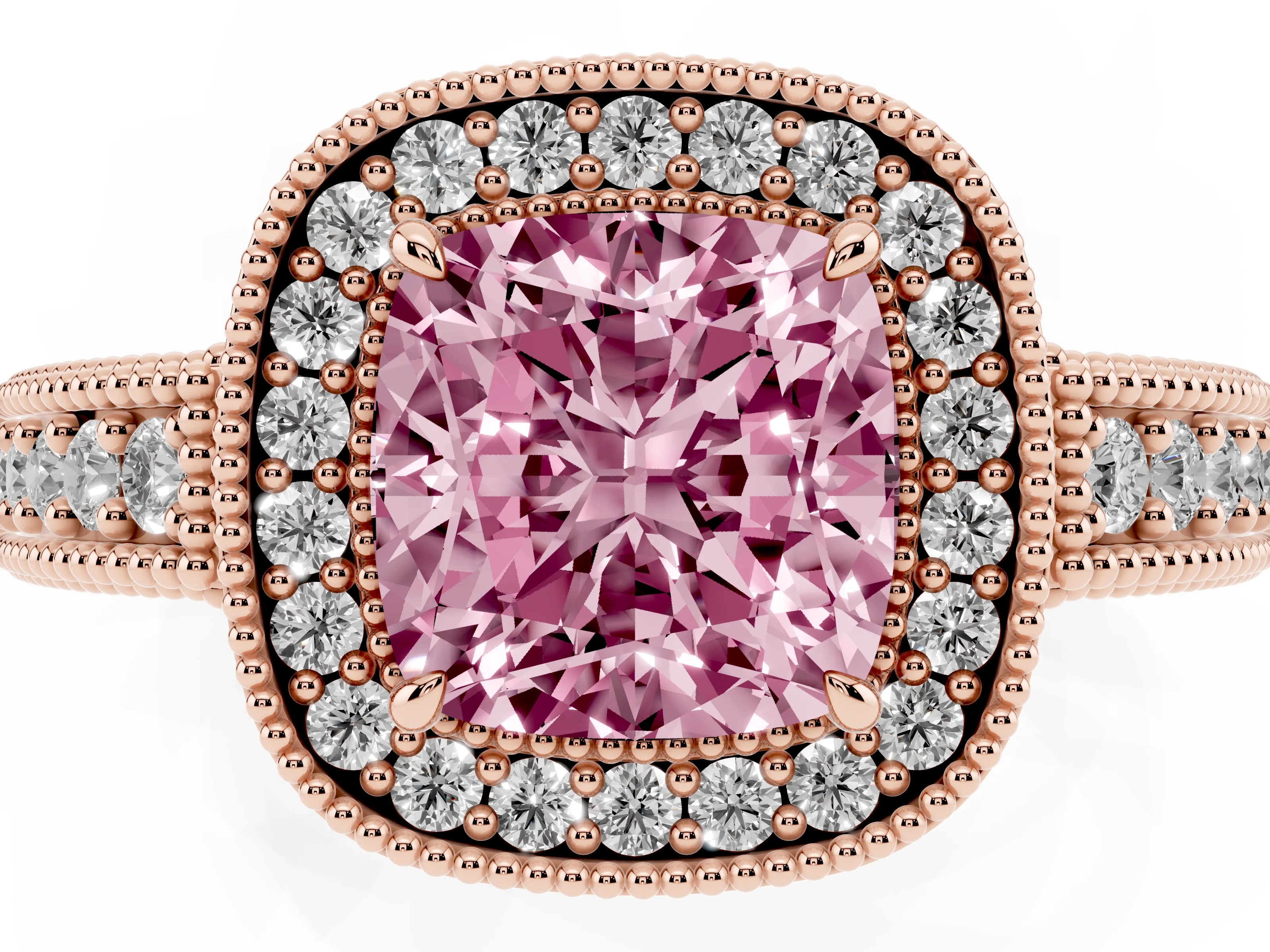 Fancy Pink Cushion Cut Diamond Halo Ring Set in Rose gold with Round Accent Halo, Pavé Band and Prong Setting