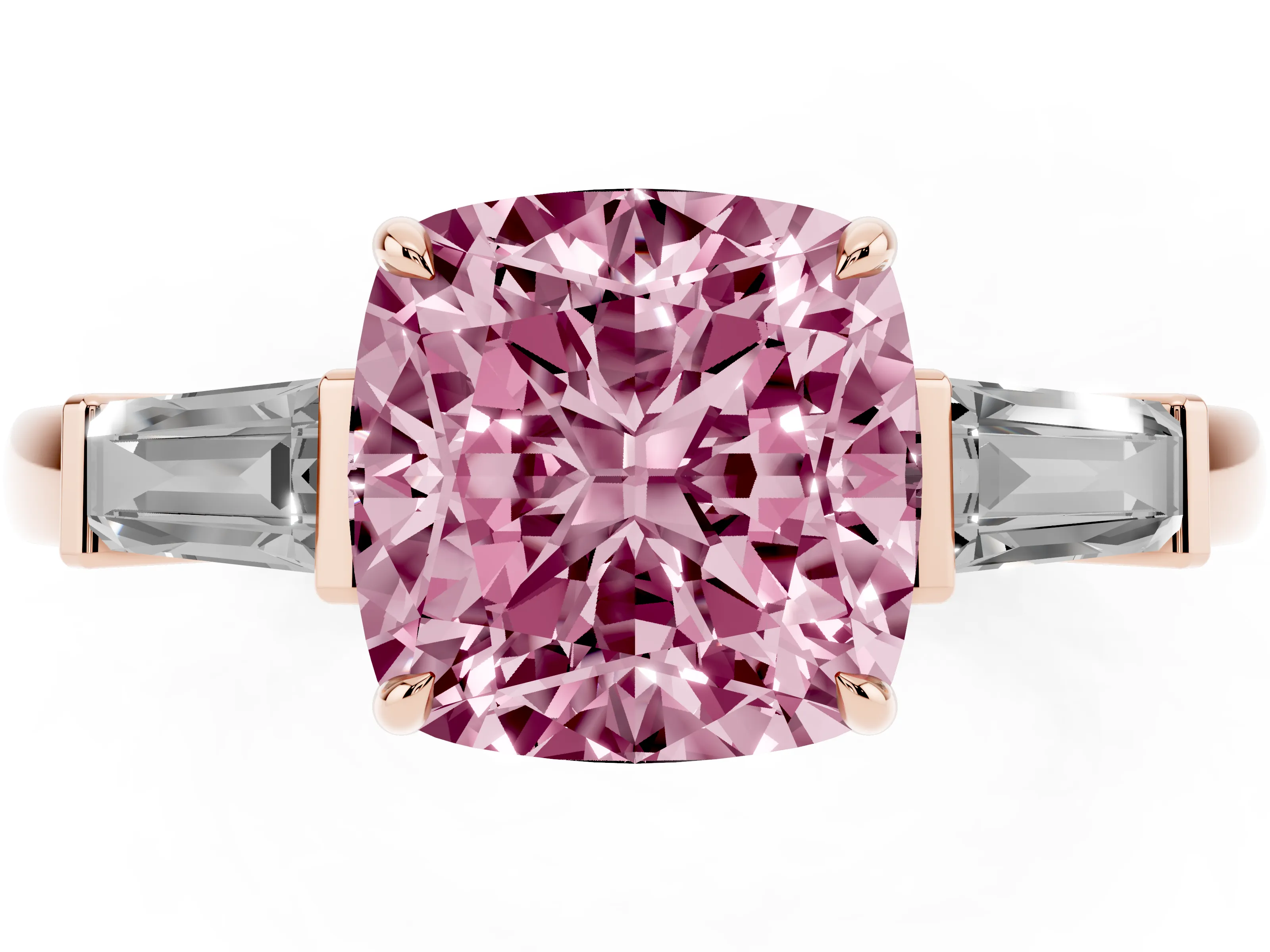 Fancy Pink Cushion Cut Diamond Three-Stone Ring Set in Rose gold with Tapered Baguette Side Stones and Prong Setting