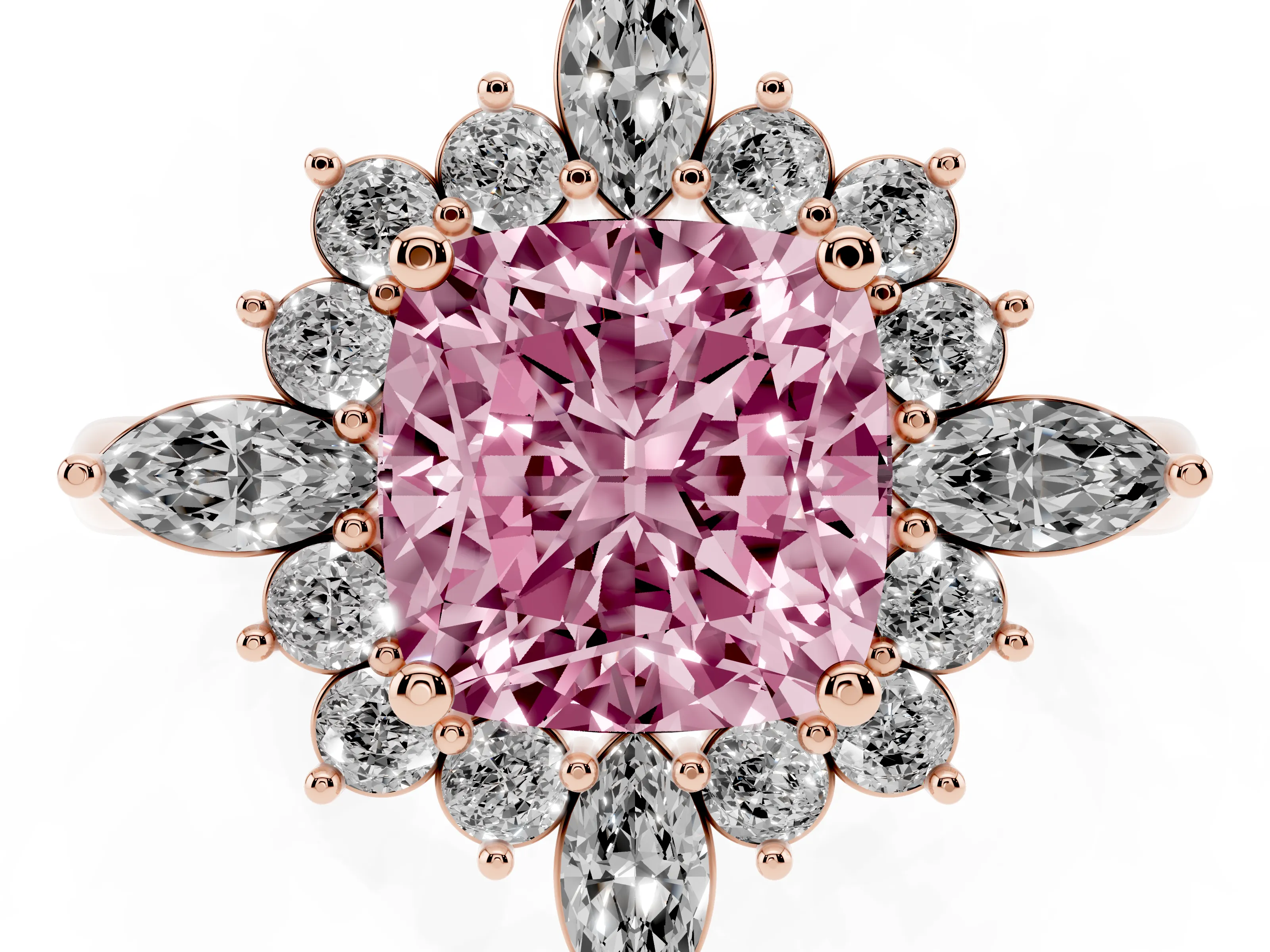 Fancy Pink Cushion Cut Diamond Cluster Halo Ring Set in Rose gold with Marquise and Round Accents