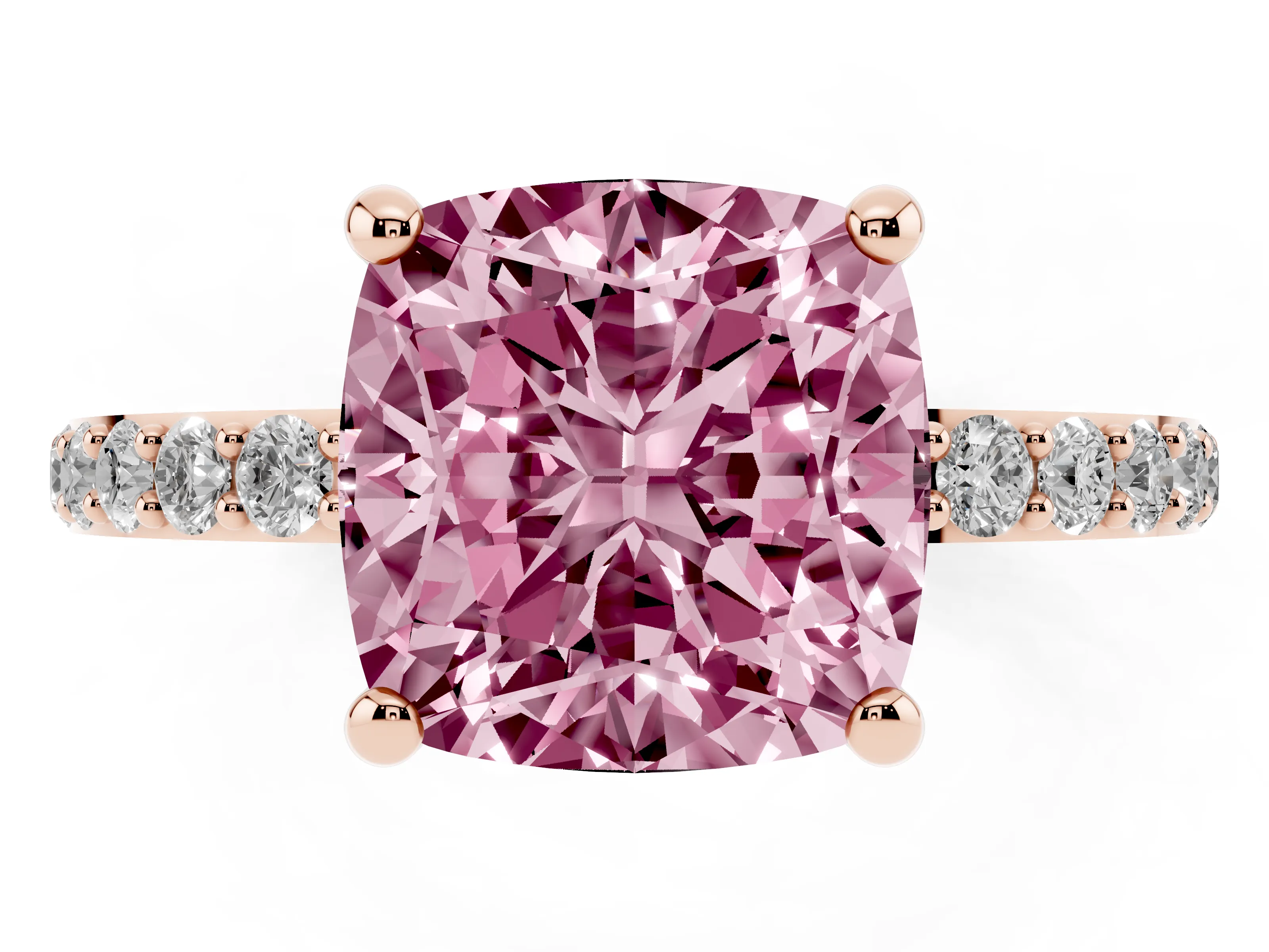 Fancy Pink Cushion Cut Diamond Solitaire Ring Set in Rose gold with Round Pavé Band and Prong Setting