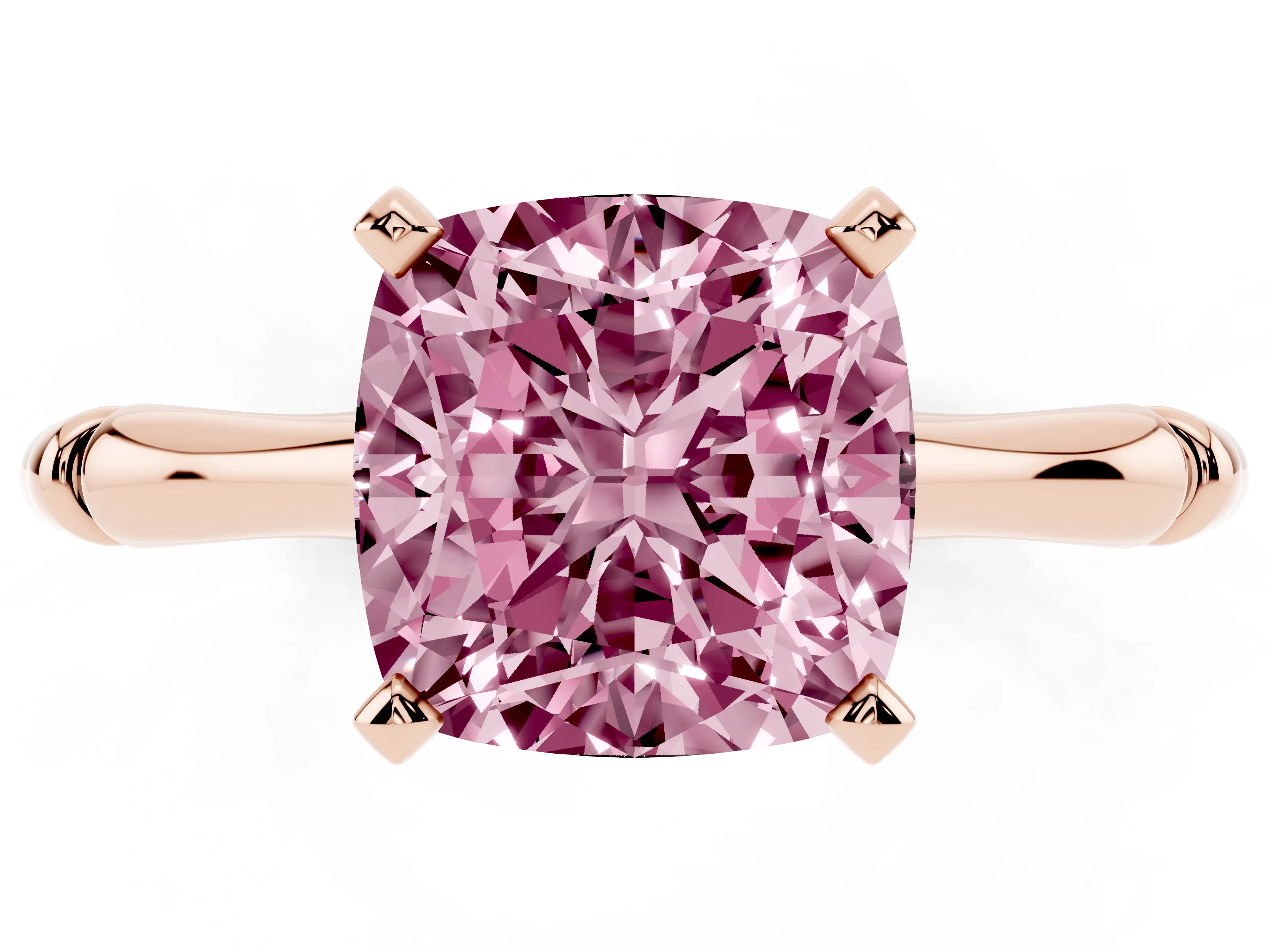 Fancy Pink Cushion Cut Diamond Solitaire Ring Set in Rose gold with Bamboo Band and Prong Setting
