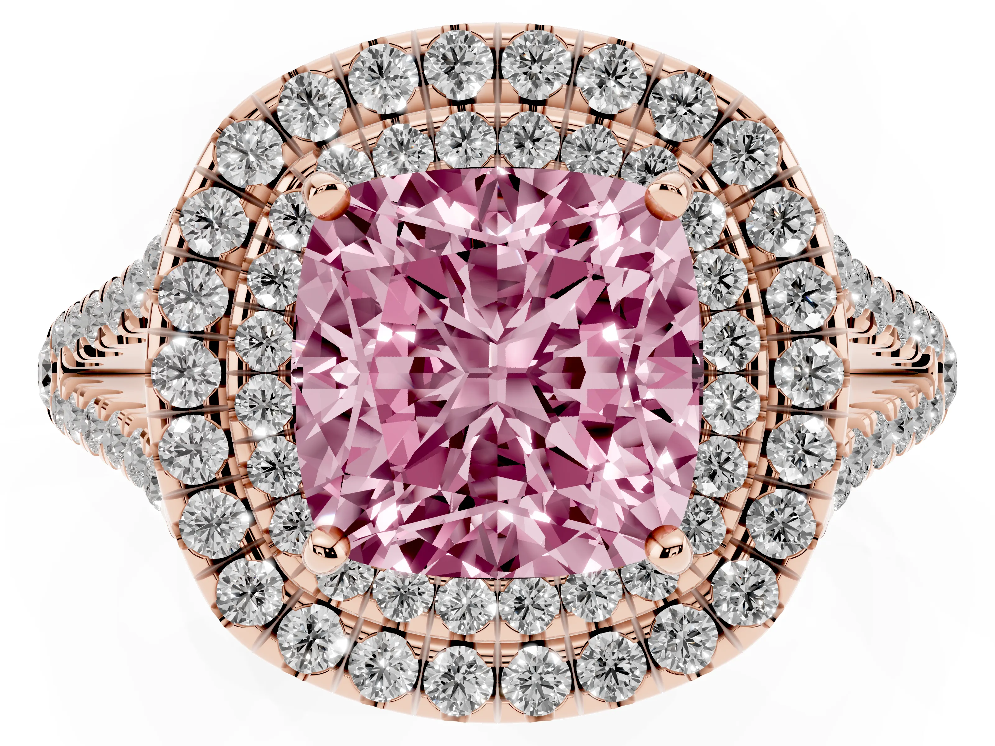 Fancy Pink Cushion Cut Diamond Double Halo Ring Set in Rose gold with Pavé Band