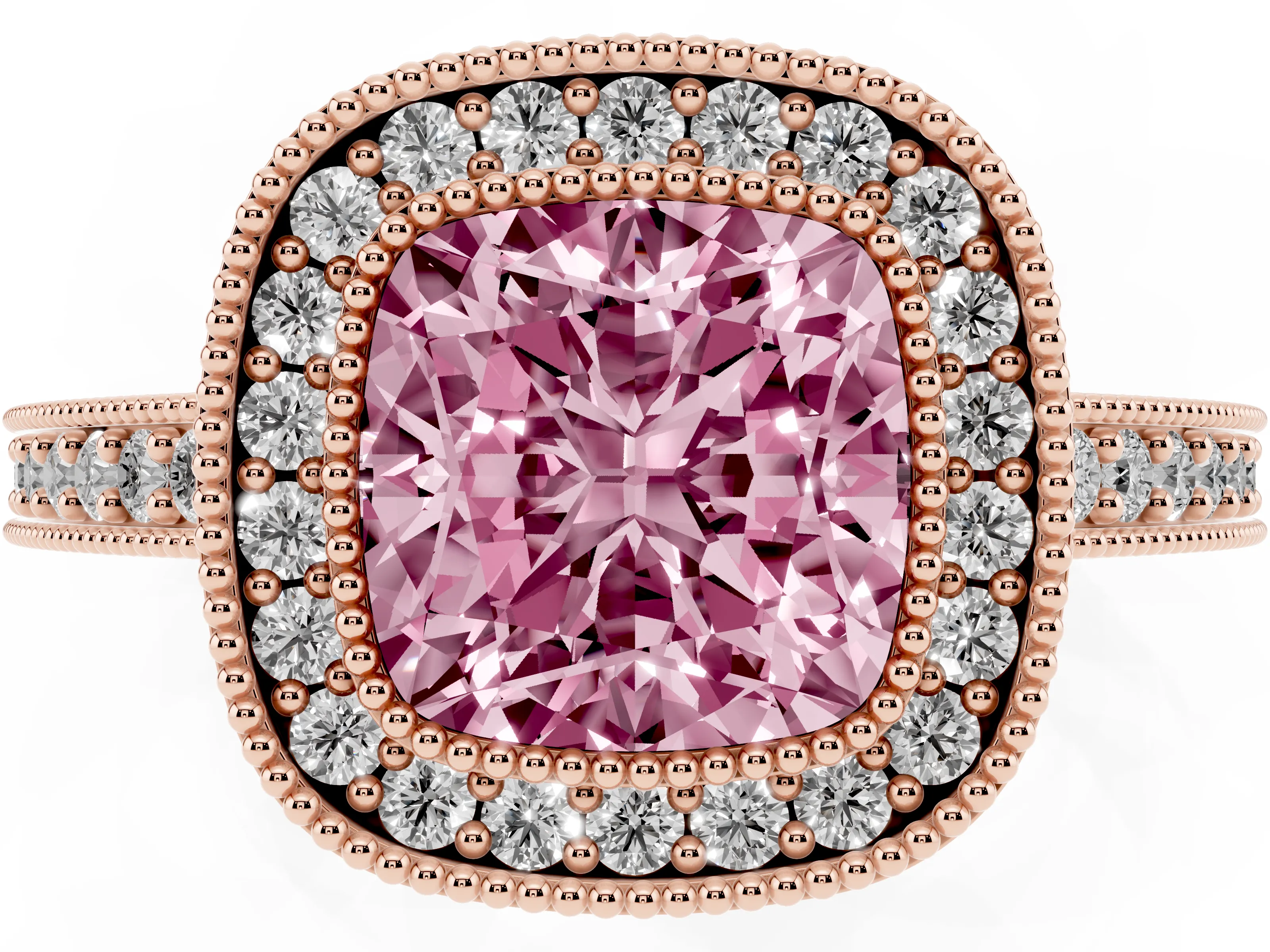 Fancy Pink Cushion Cut Diamond Halo Engagement Ring Set in Rose gold with Pavé Band and Round Halo Stones