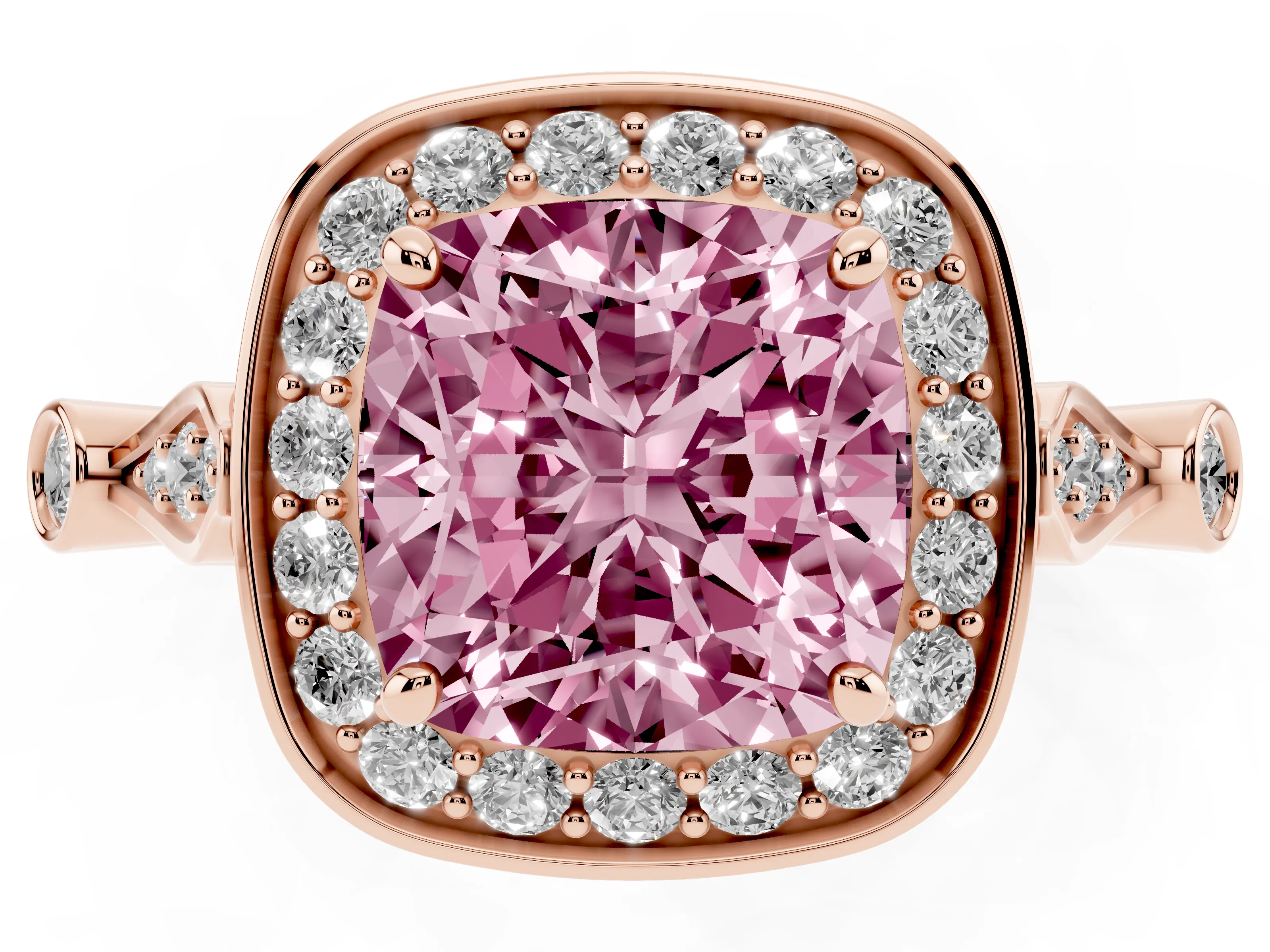 Fancy Pink Cushion Cut Diamond Halo Engagement Ring Set in Rose gold with Twisted Band and Prong Setting