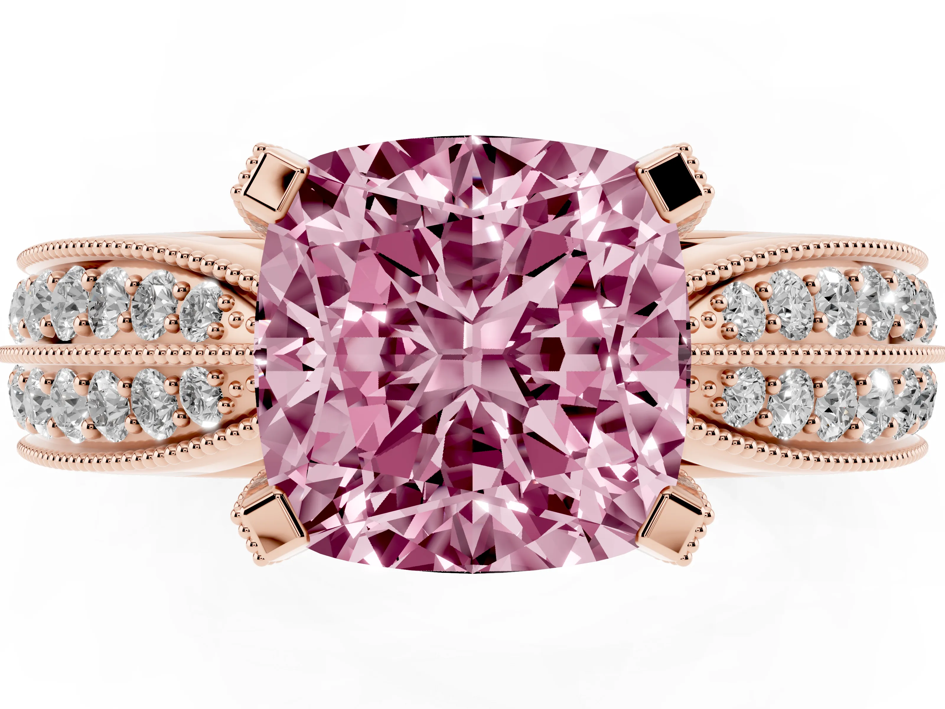 Fancy Pink Cushion Cut Diamond Solitaire Ring Set in Rose gold with Milgrain Double Row Round Pavé Band