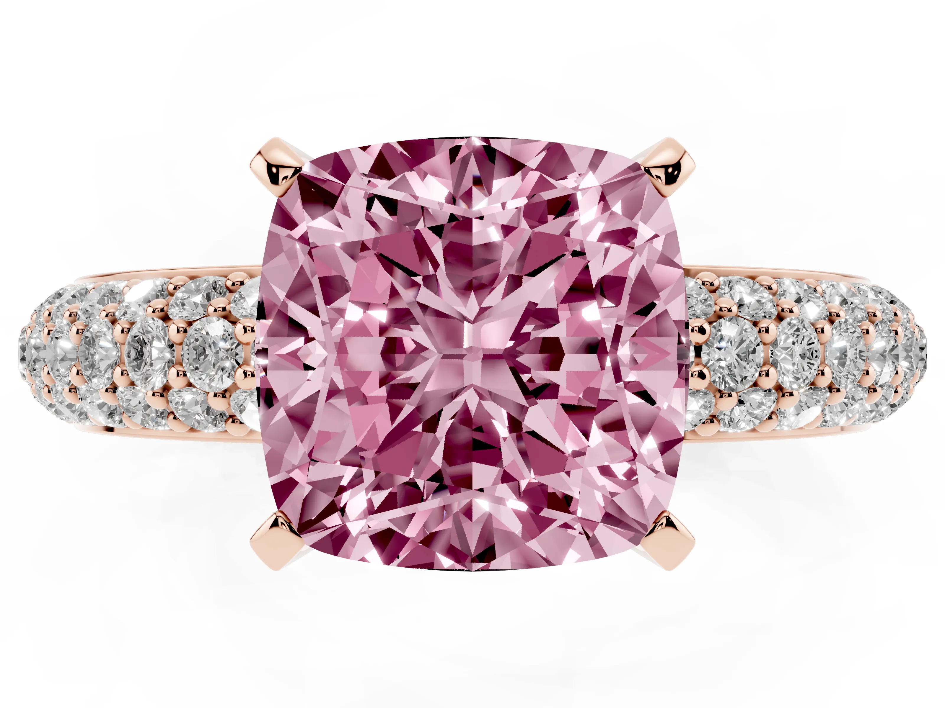 Fancy Pink Cushion Cut Diamond Solitaire Ring Set in Rose gold with Prong Setting and Pavé-Set Band