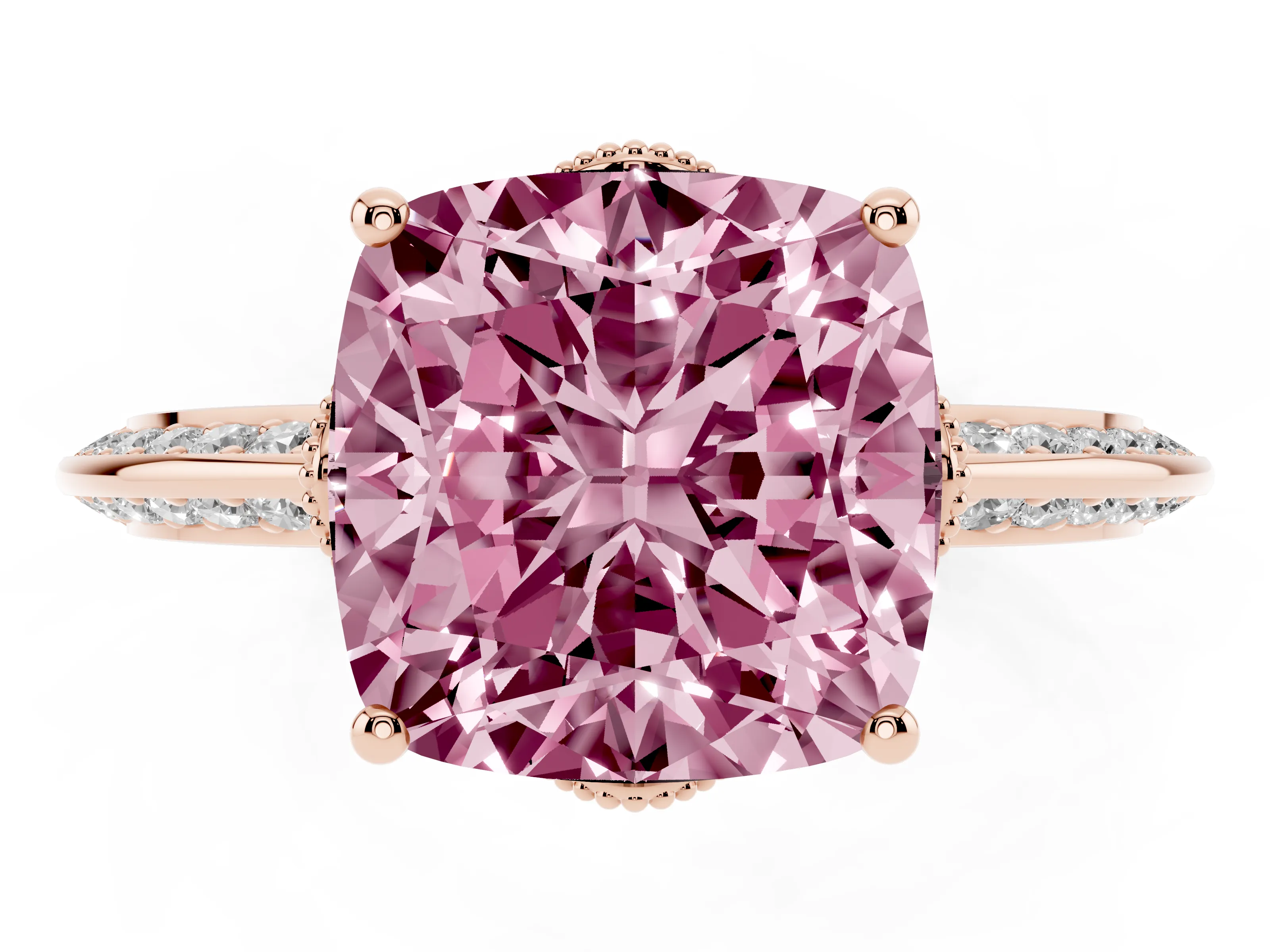 Fancy Pink Cushion Cut Diamond Solitaire Engagement Ring Set in Rose gold with Pavé Split Shank and Prong Setting
