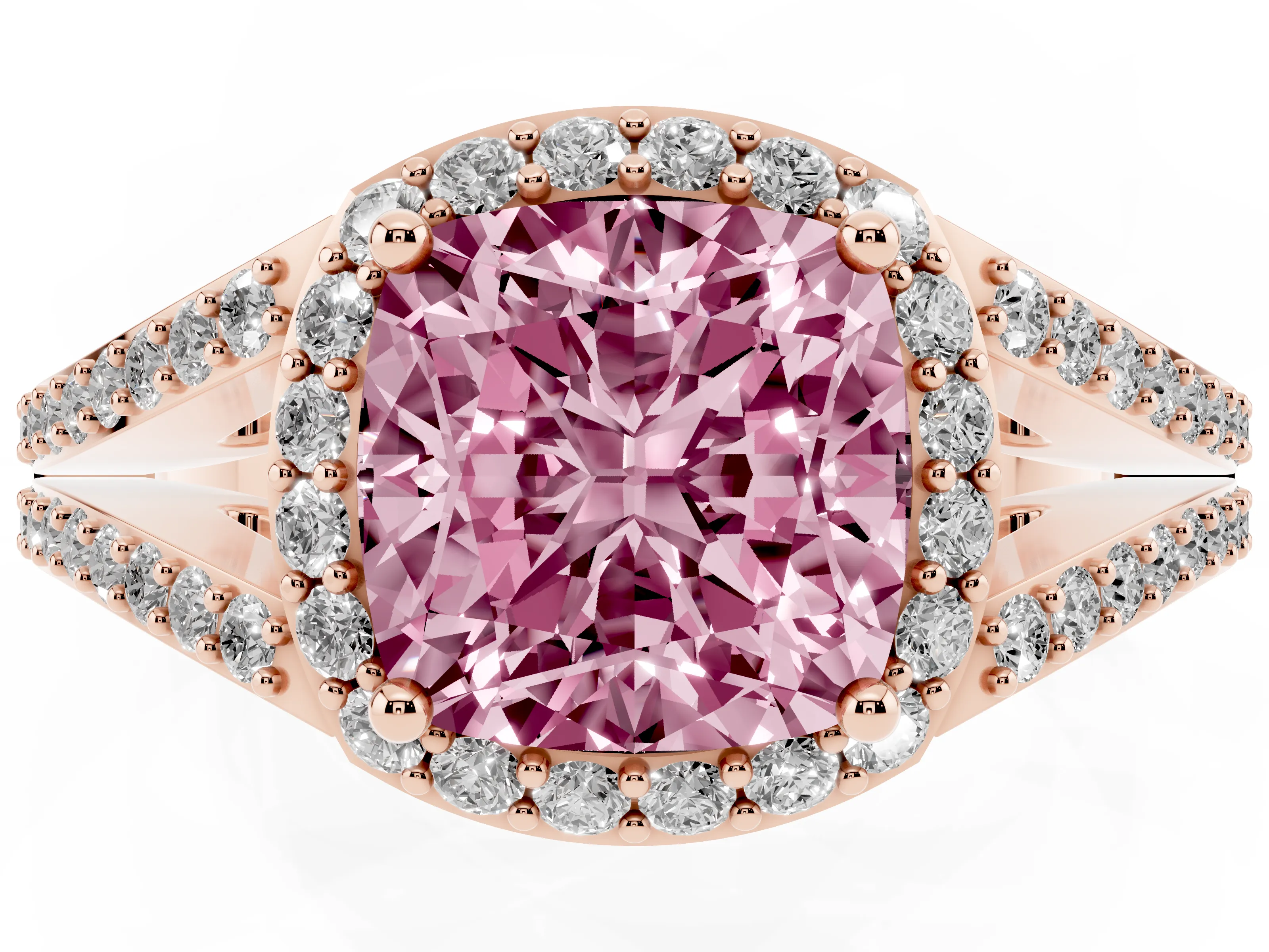 Fancy Pink Cushion Cut Diamond Halo Split Shank Ring Set in Rose gold with Accent Stones and Prong Setting