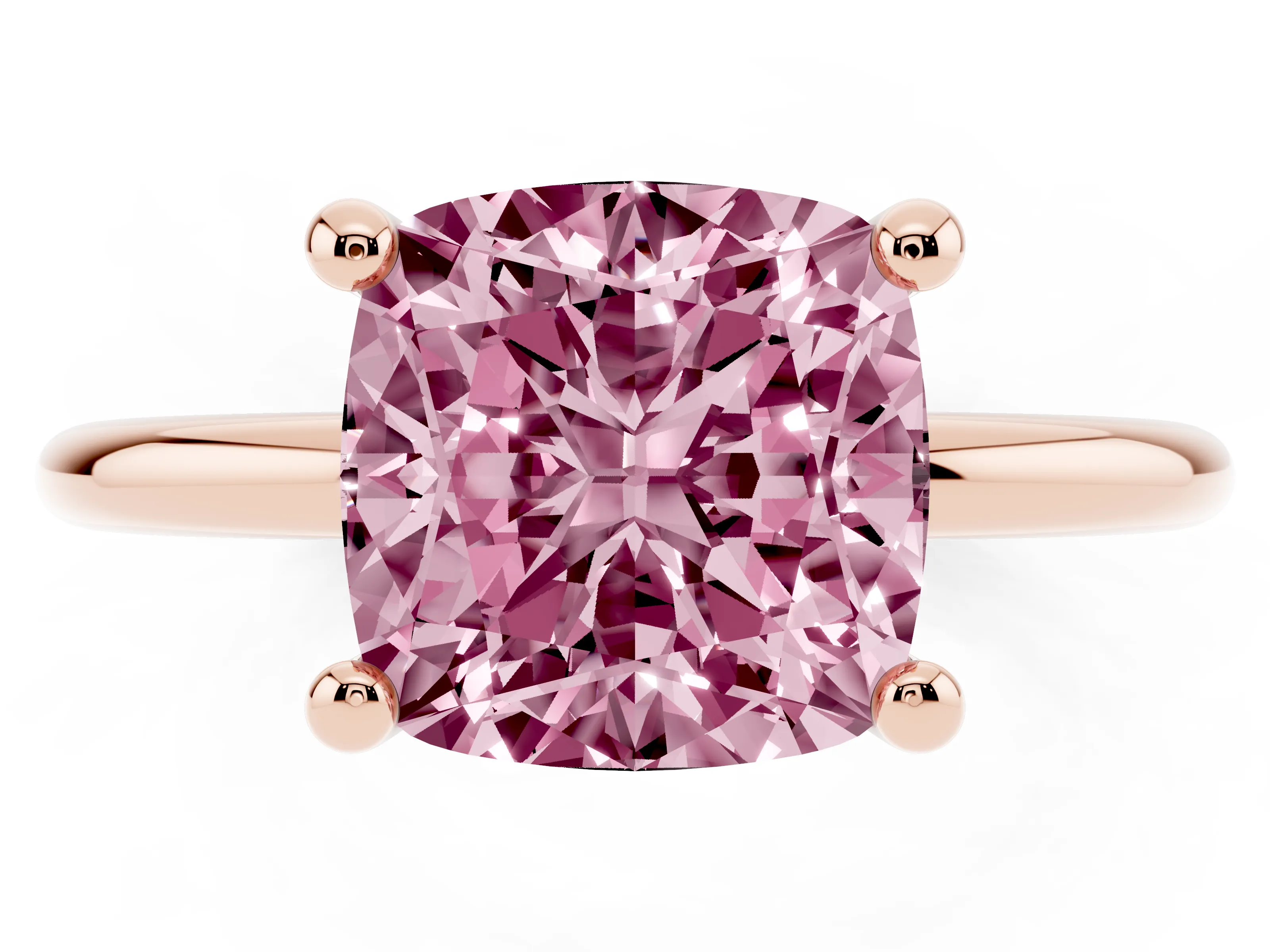 Fancy Pink Cushion Cut Diamond Solitaire Ring Set in Rose gold with Secure Prong Setting on a Classic Band