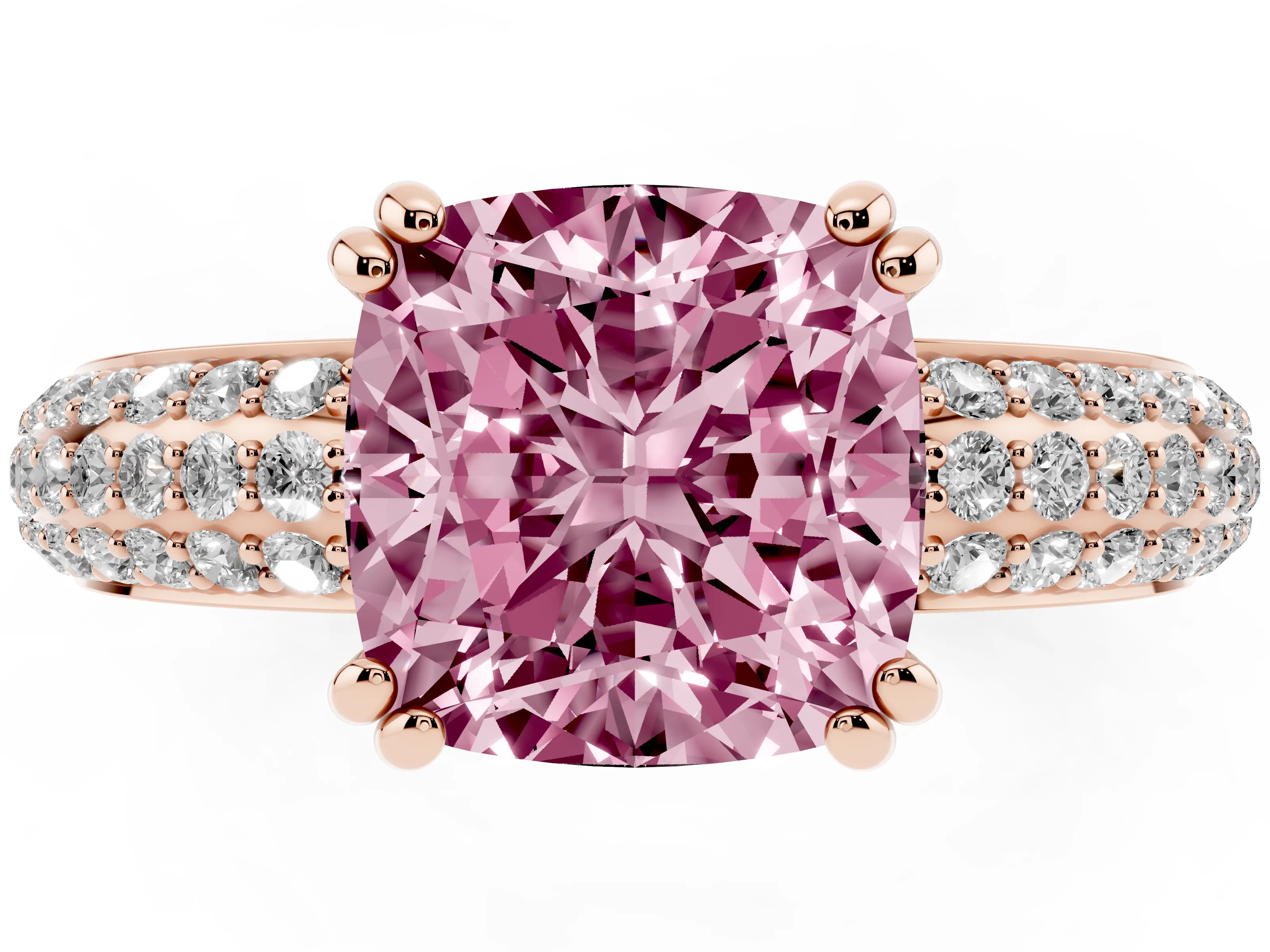 Fancy Pink Cushion Cut Diamond Solitaire Ring Set in Rose gold with Multi-Row Round Pavé Band and Prong Setting