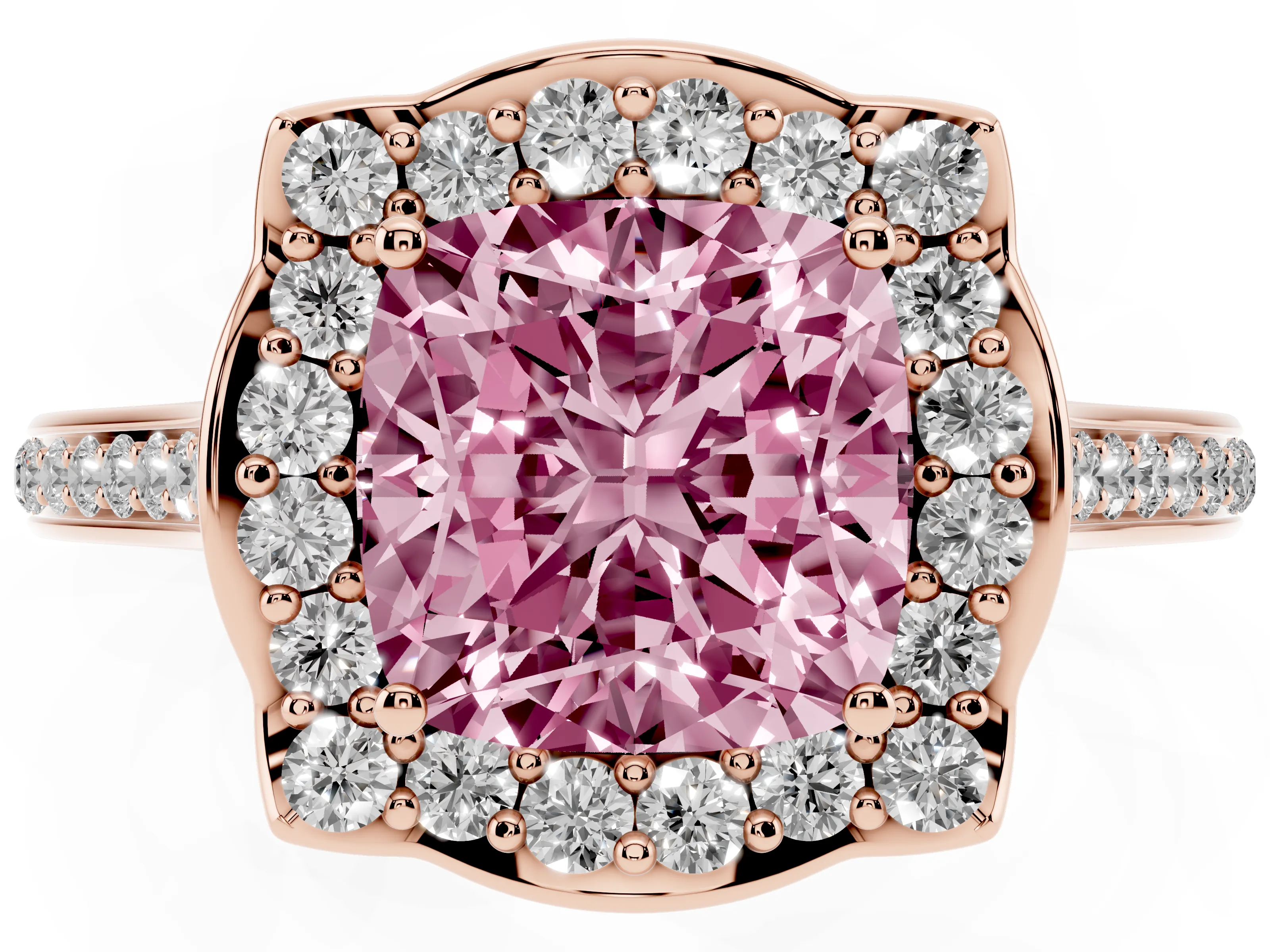 Fancy Pink Cushion Cut Diamond Halo Ring Set in Rose gold with Pavé-Lined Shoulders and Prong Setting