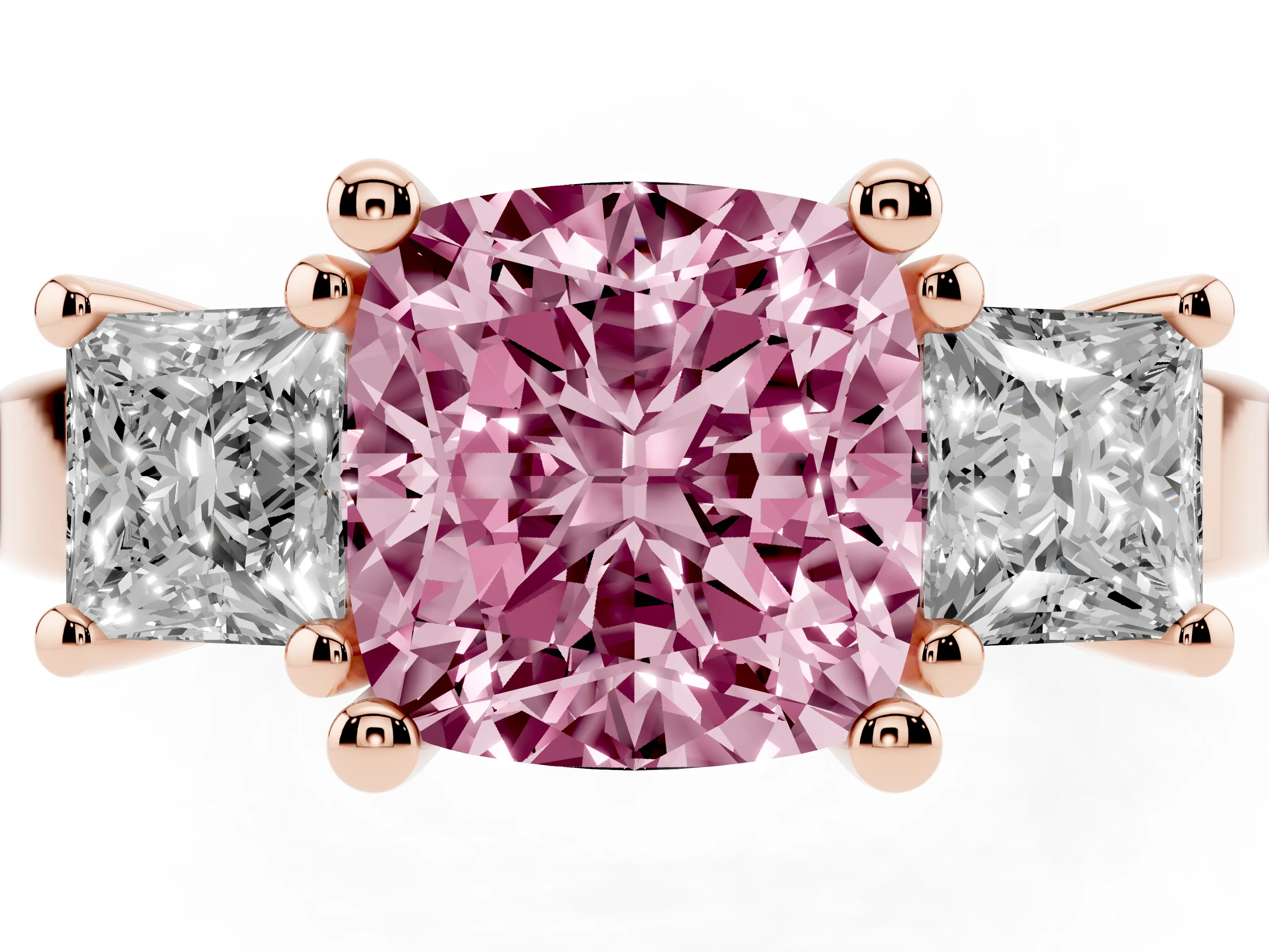 Fancy Pink Three-Stone Cushion Cut Diamond Solitaire Ring Set in Rose gold with Prong Setting