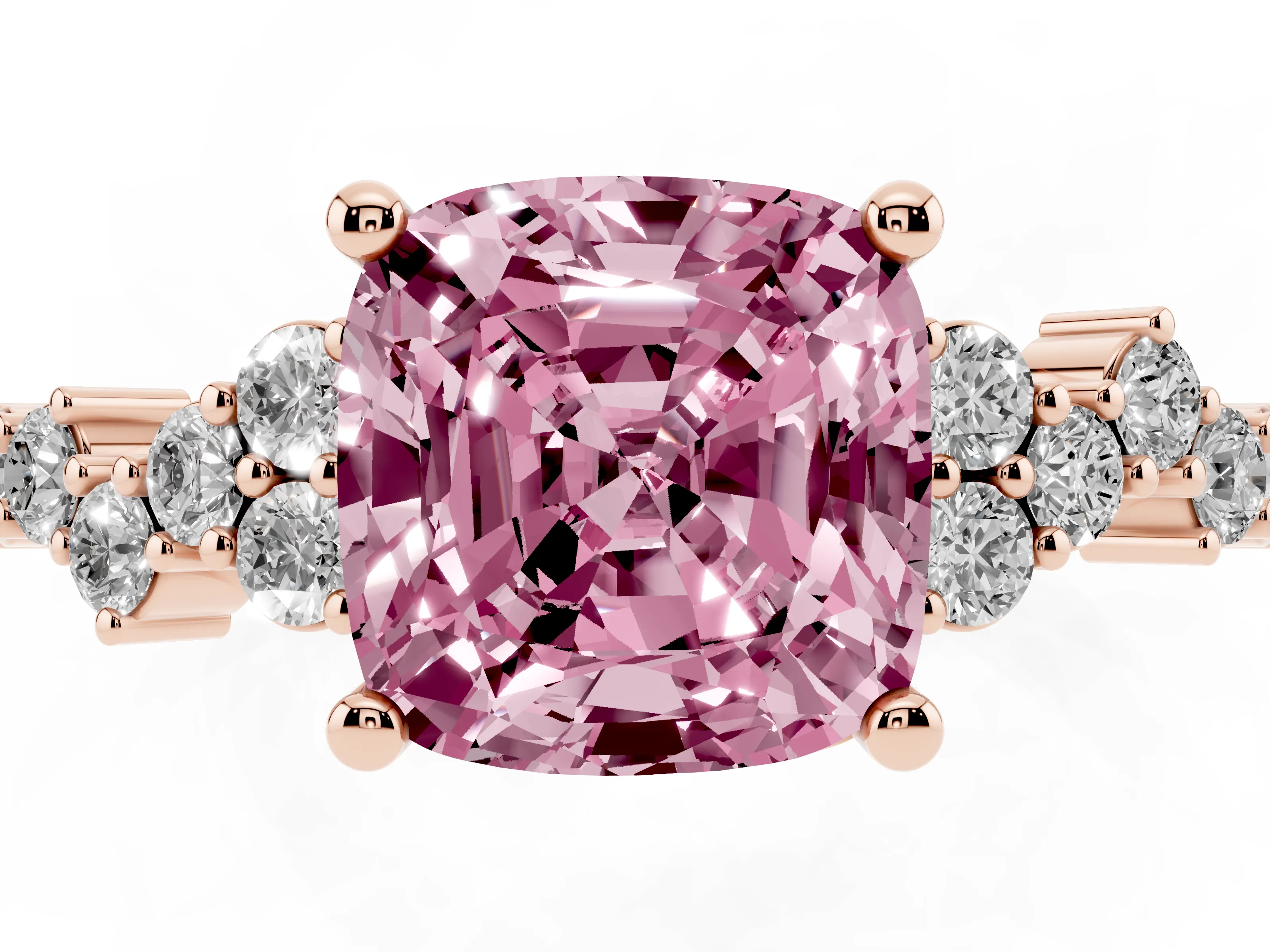 Fancy Pink Cushion Cut Diamond Ring Set in Rose gold with Scattered Round Accents