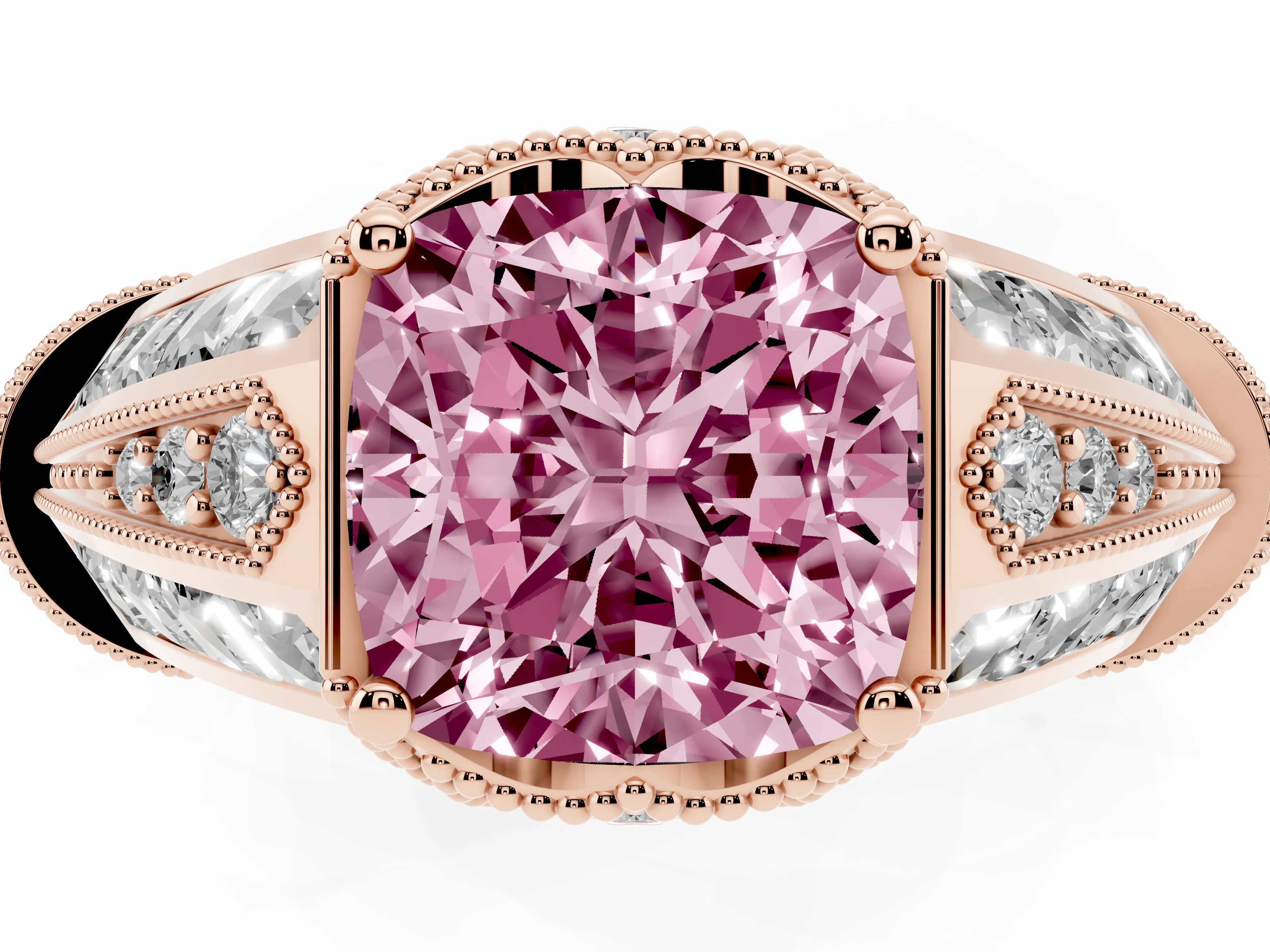 Fancy Pink Cushion Cut Diamond Vintage-Inspired Milgrain Ring Set in Rose gold with Accent Split Shank