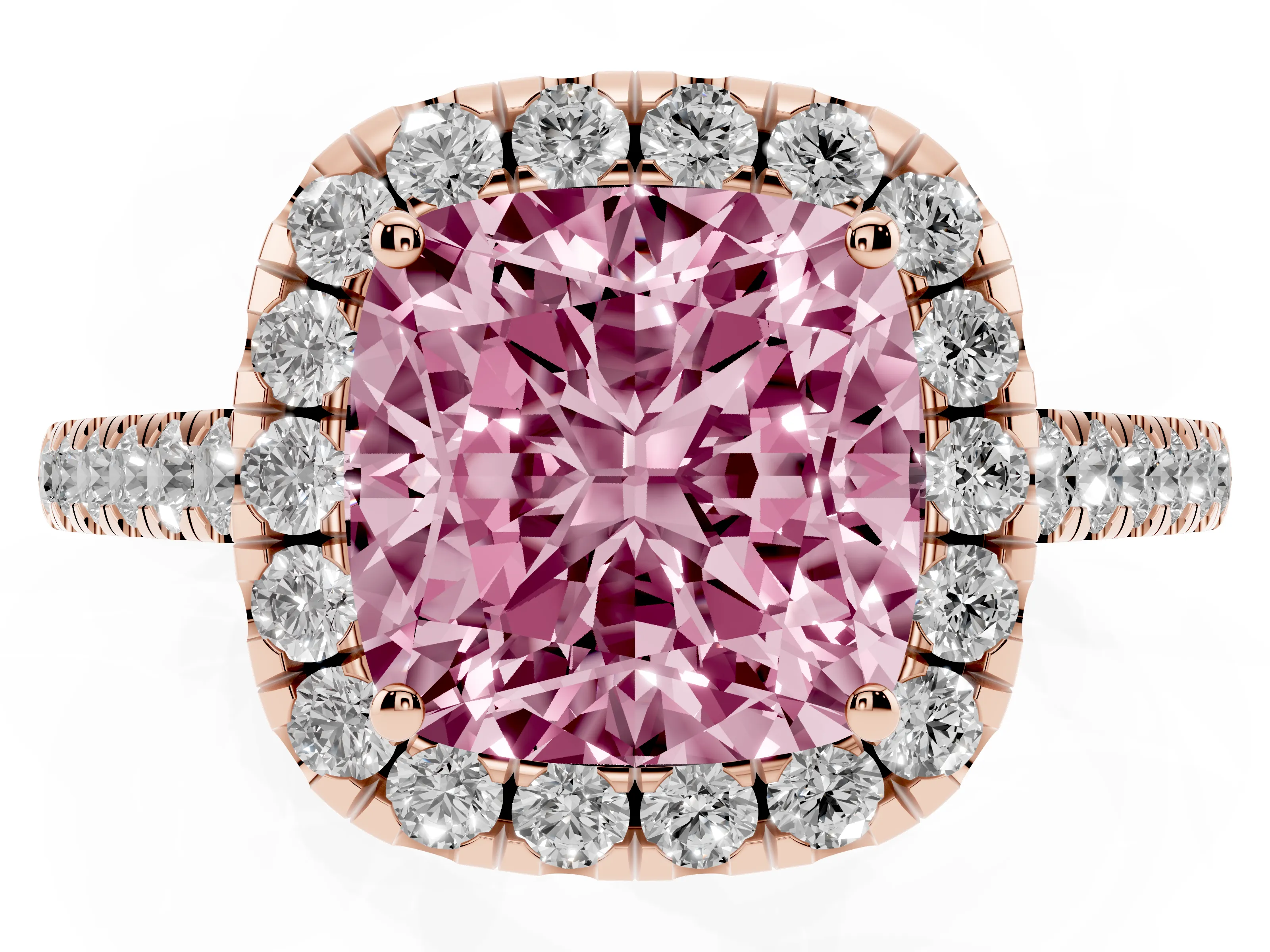 Fancy Pink Cushion Cut Diamond Halo Pavé Engagement Ring Set in Rose gold with Prong Setting