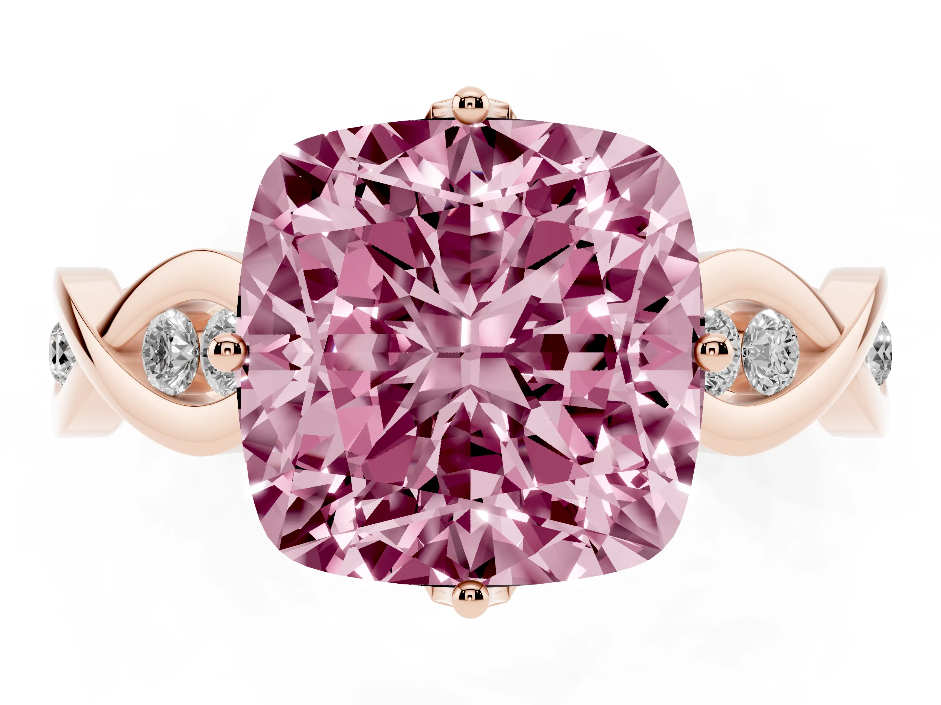 Fancy Pink Cushion Cut Diamond Twist Band Solitaire Ring Set in Rose gold with Leaf Prong Setting and Accent Stones