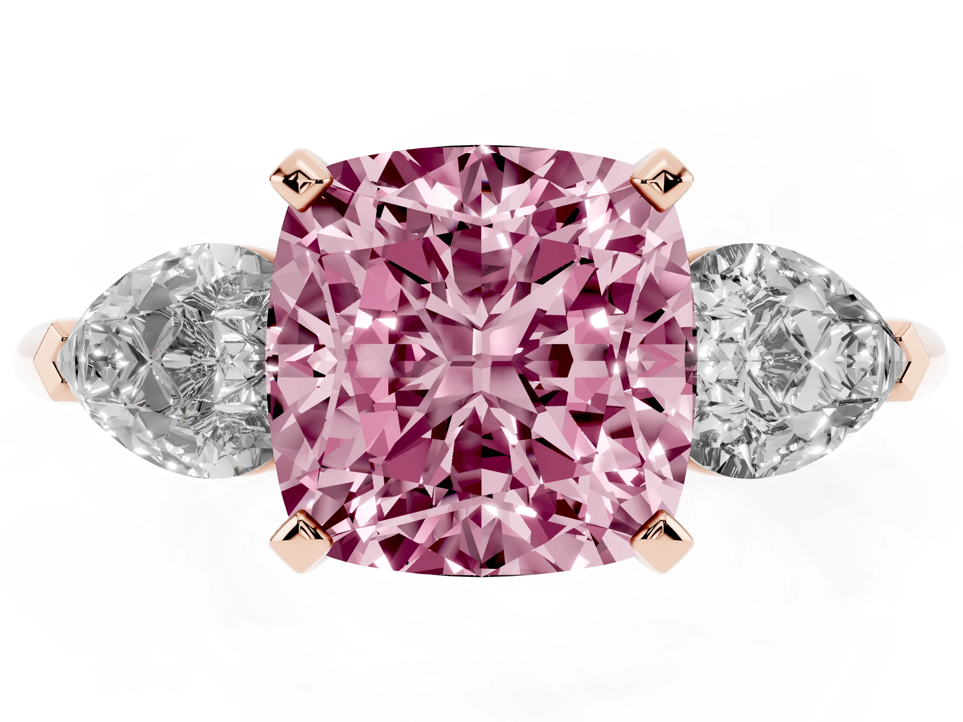 Fancy Pink Three-Stone Cushion Cut Diamond Ring Set in Rose gold with Pear Side Stones and Prong Setting