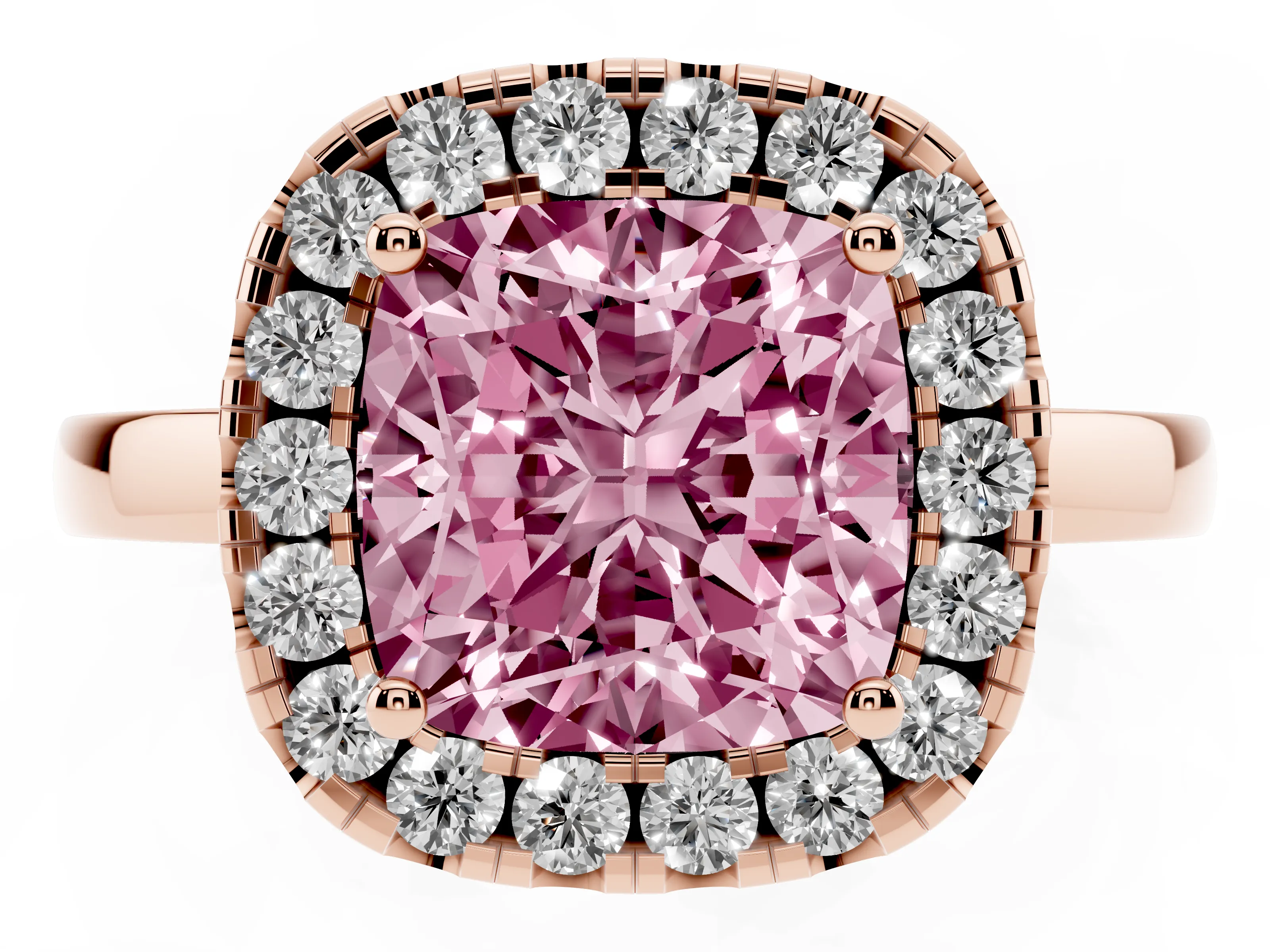 Fancy Pink Cushion Cut Diamond Halo Solitaire Ring Set in Rose gold with Pavé Band and Prong Setting