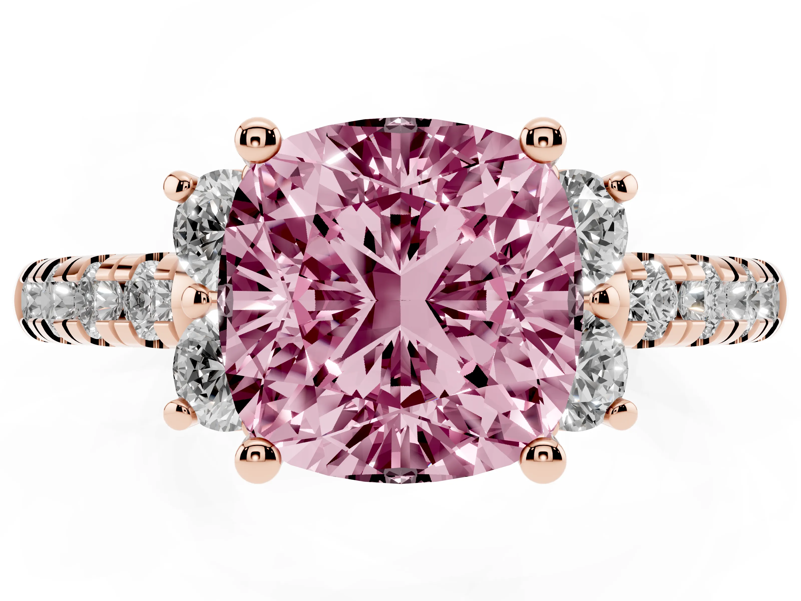 Fancy Pink Cushion Cut Diamond Three-Stone Pavé Ring Set in Rose gold with Prong Setting