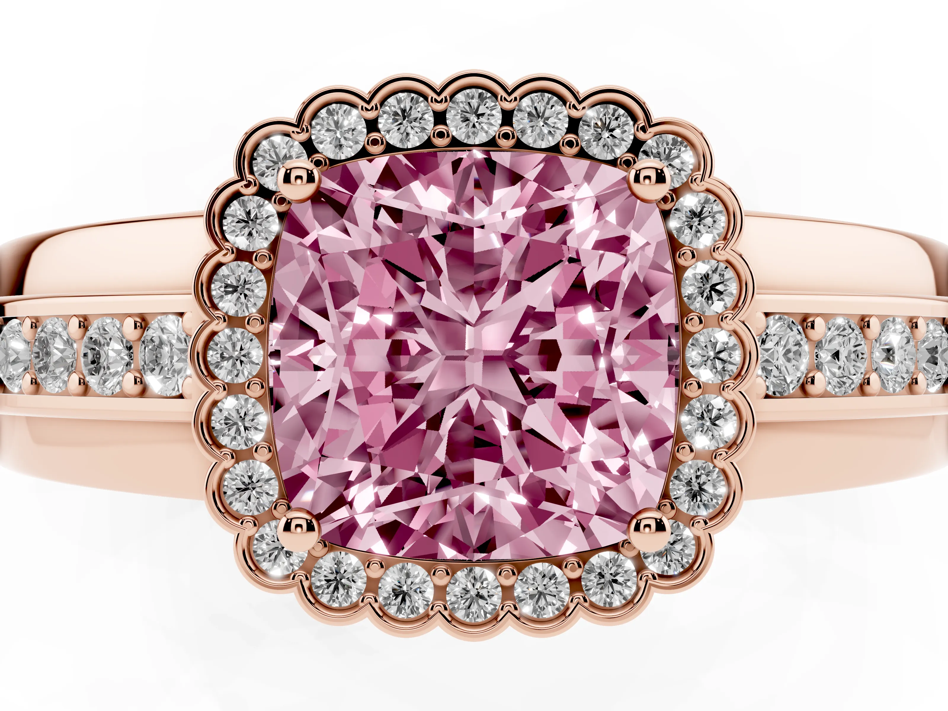 Fancy Pink Cushion Cut Diamond Halo Prong Ring Set in Rose gold with Pavé Band