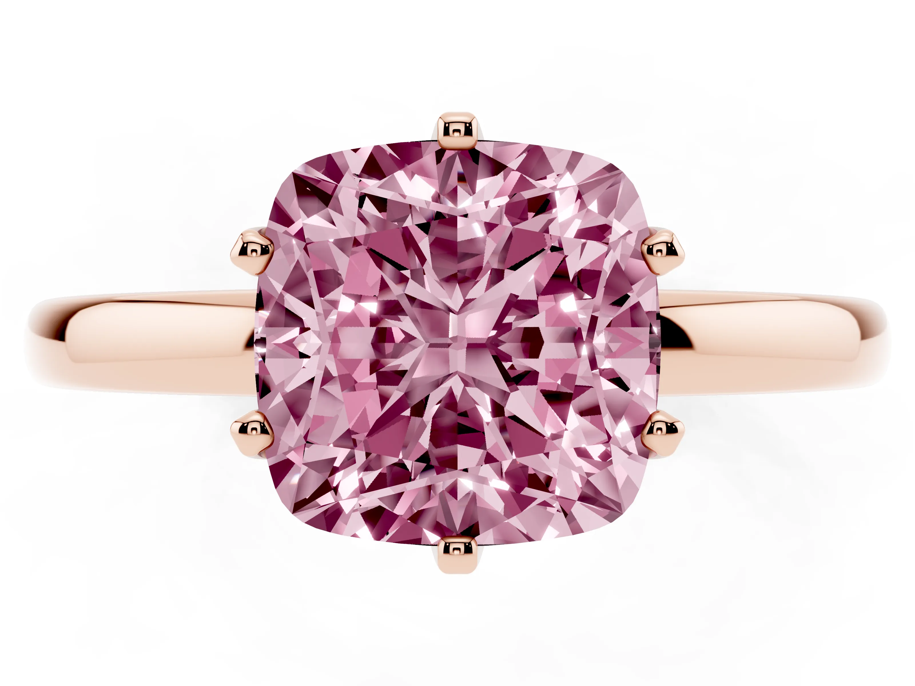 Fancy Pink Cushion Cut Diamond Solitaire Ring Set in Rose gold with Raised Prong Setting on a Classic Band