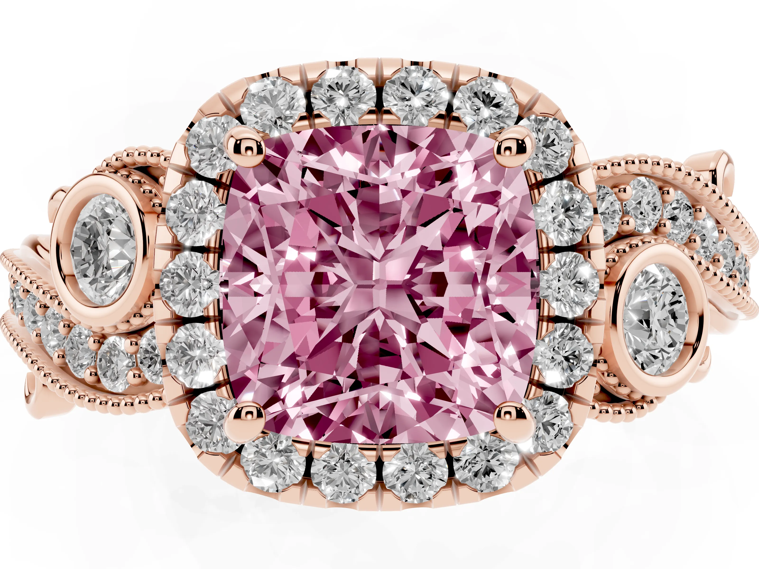 Fancy Pink Cushion Cut Diamond Halo Ring Set in Rose gold with Milgrain Pavé Band and Prong Setting