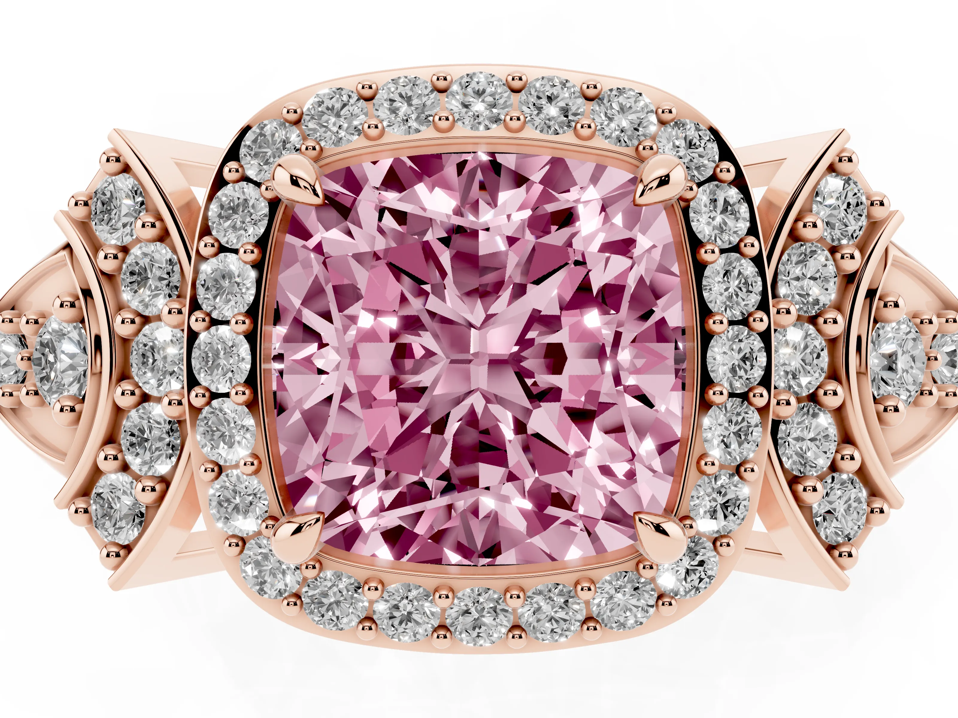 Fancy Pink Cushion Cut Diamond Halo Engagement Ring Set in Rose gold with Accent Stone Split Shank