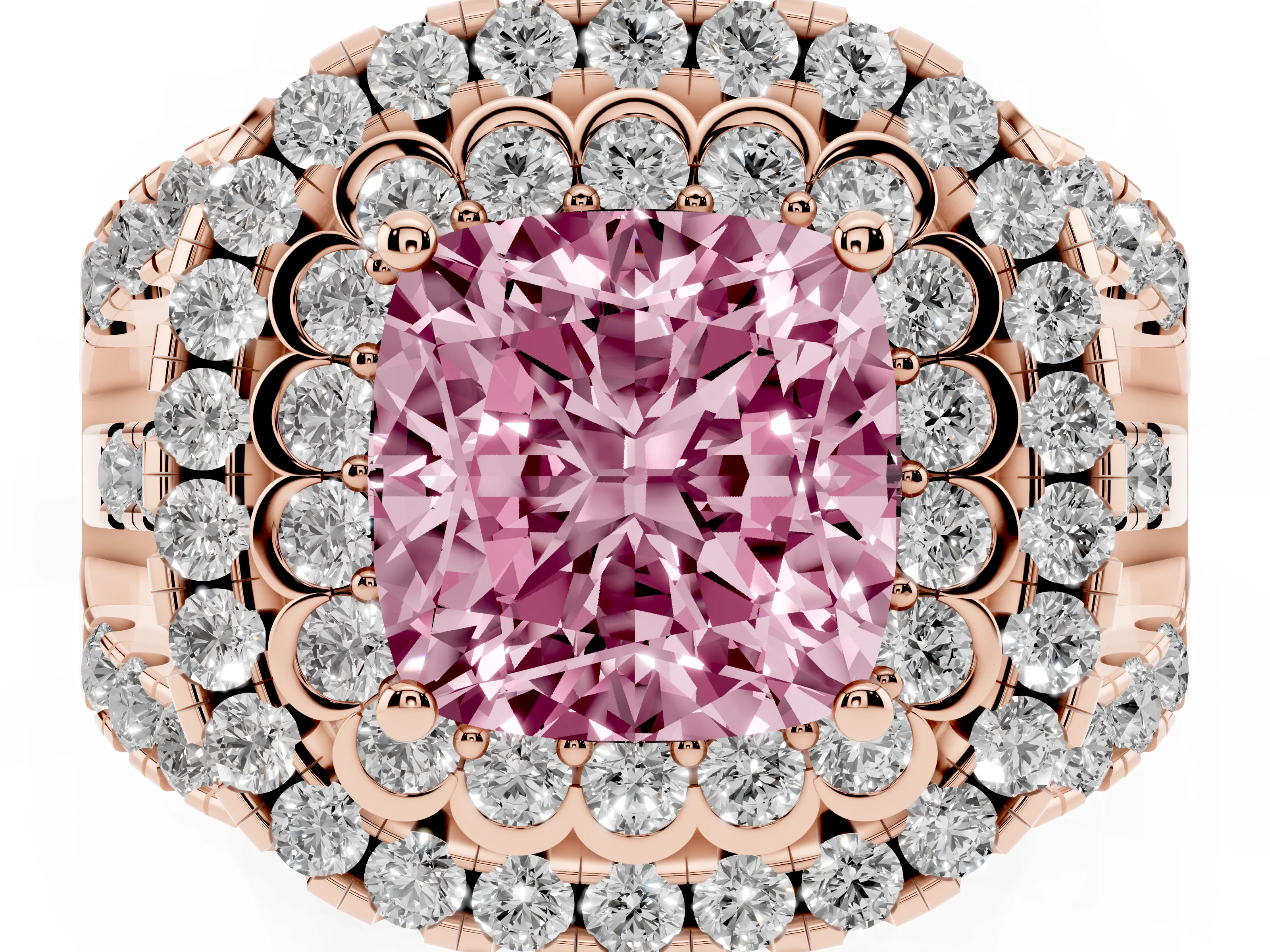 Fancy Pink Cushion Cut Diamond Double Halo Ring Set in Rose gold with Round Pavé Split Shank