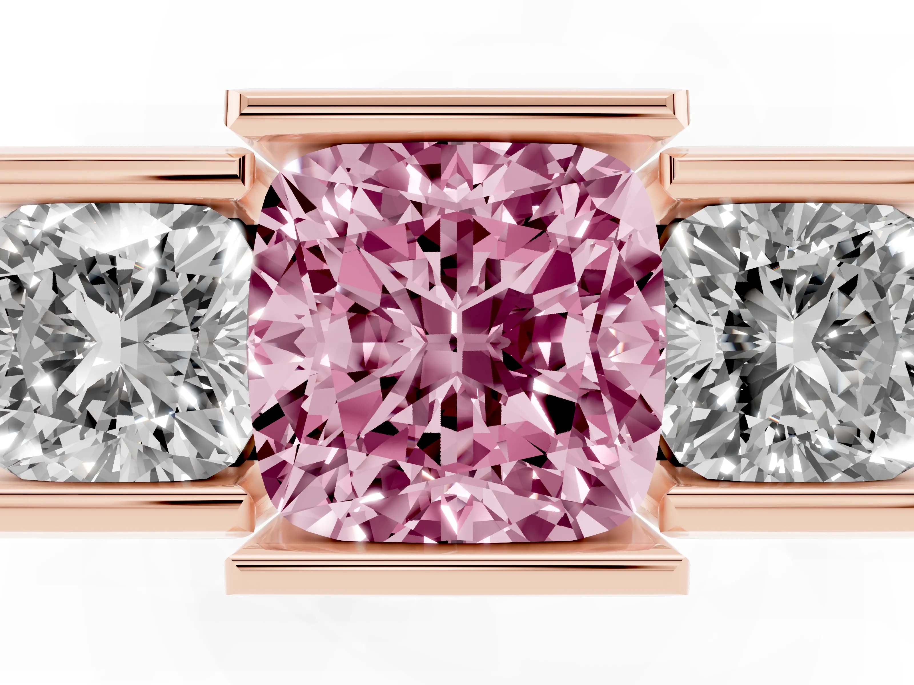 Fancy Pink Cushion Cut Diamond Three-Stone Channel Set Ring Set in Rose gold with Smooth Polished Band