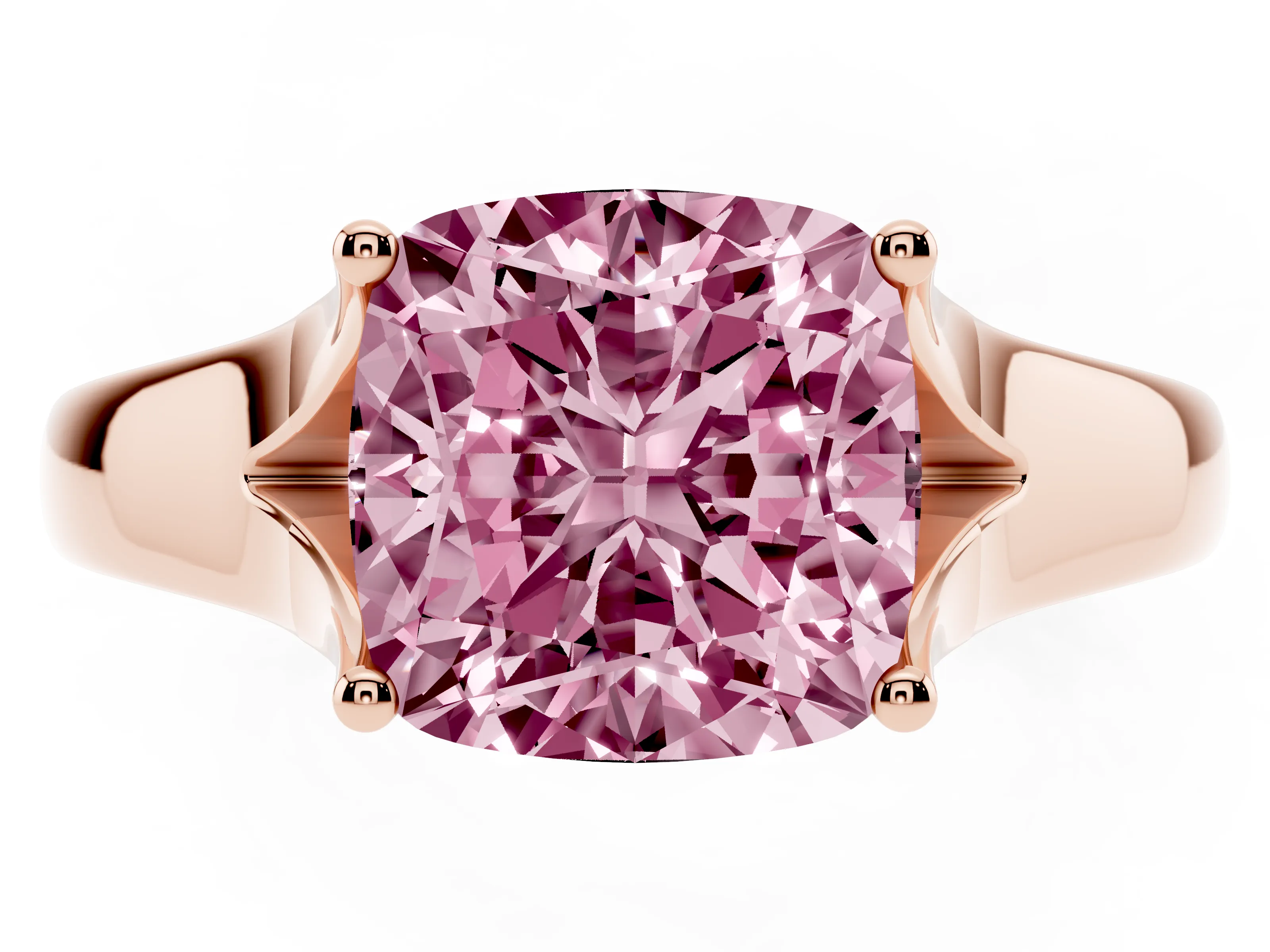 Fancy Pink Cushion Cut Diamond Solitaire Ring Set in Rose gold with Arched Cathedral Band and Prong Setting