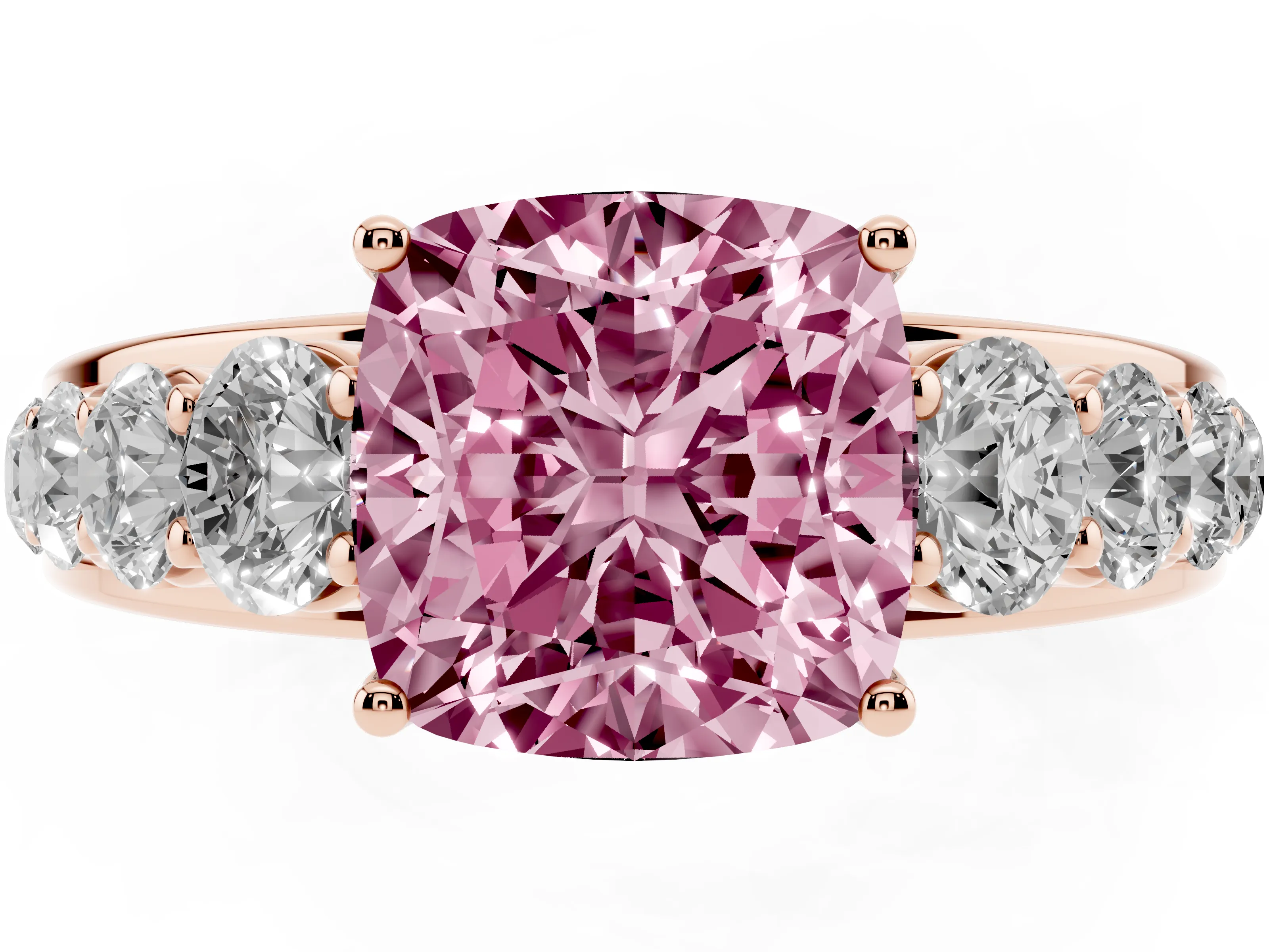Cushion Cut Graduated Side Stone Engagement Ring Setting for a Fancy Pink Lab-Grown Diamond | Flat Top Band | Rose Gold