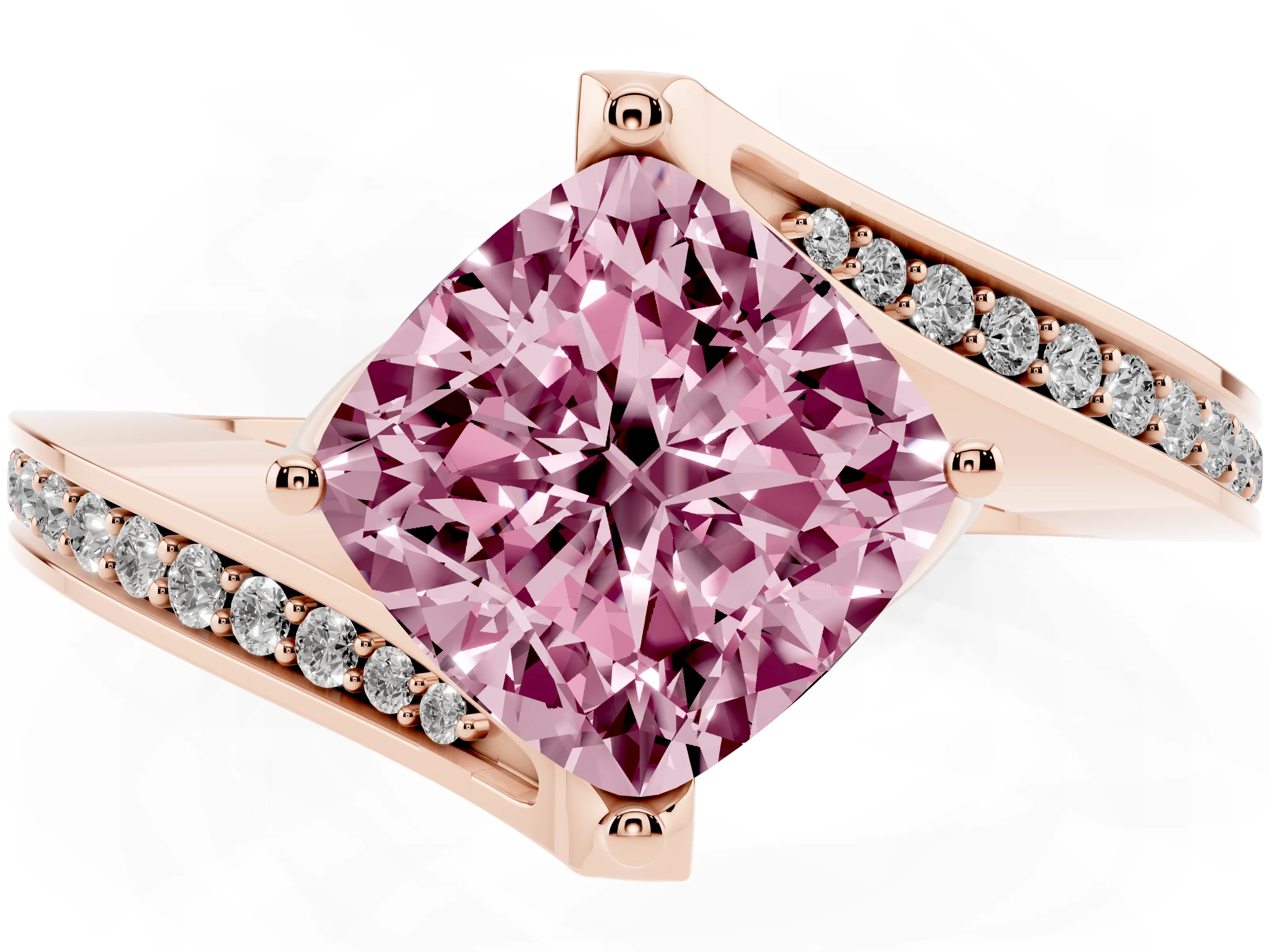 Fancy Pink Cushion Cut Diamond Solitaire Ring Set in Rose gold with Intertwined Pavé Twist Band