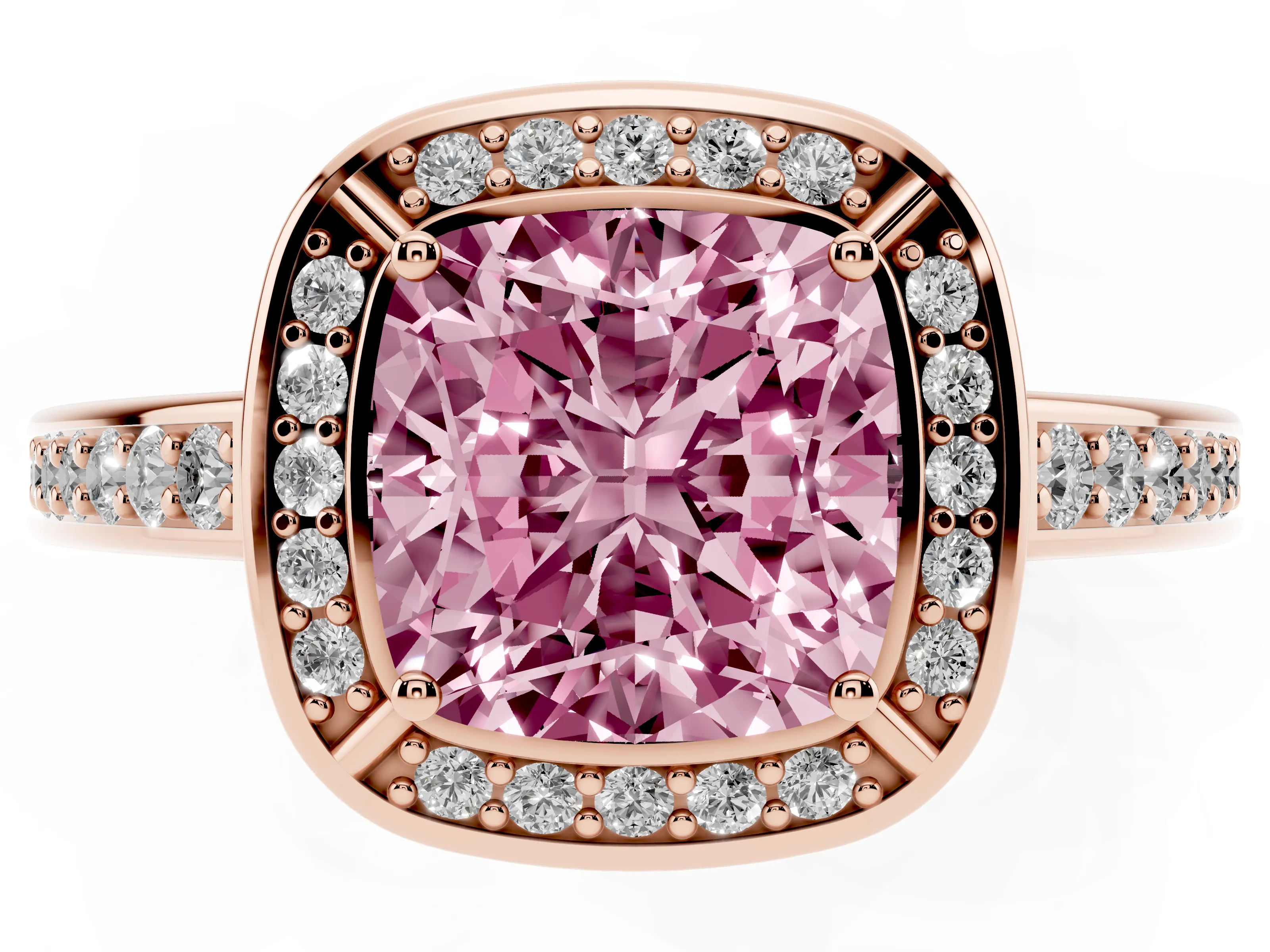 Fancy Pink Cushion Cut Diamond Halo Pavé Split Shank Ring Set in Rose gold with Prong Setting